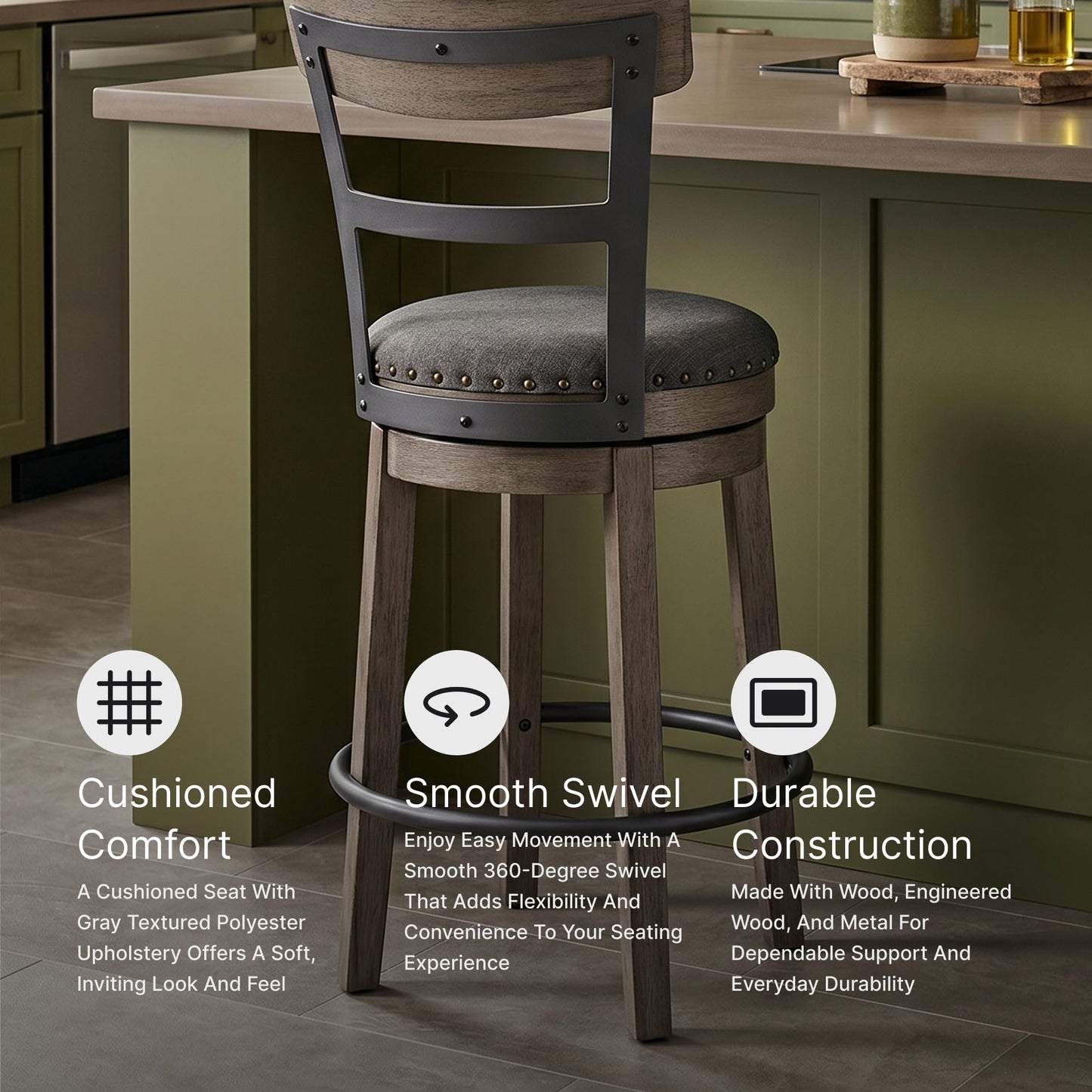 Signature Design by Ashley Caitbrook | Farmhouse Swivel 24" Counter Height Barstool – 360° Swivel, Upholstered with Nailhead Trim, Metal & Wood Frame, Gray
