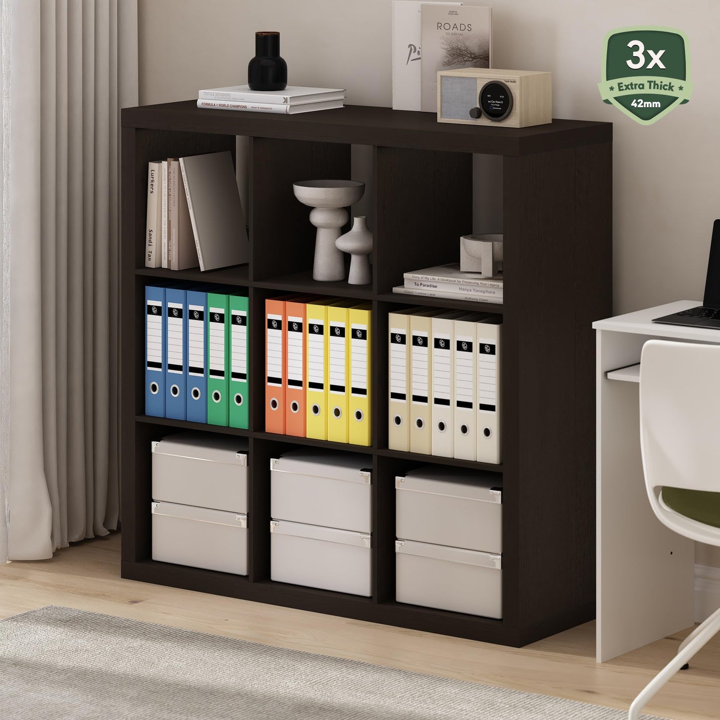 Furinno Cubicle Book Shelf, 9-Cube Bookshelf, Triple Thick Frame Cube Storage Organizer, 1.65" Bookcase, 15.4" x 43.8" x 43.4", for Home Office, Living Room, Black Oak
