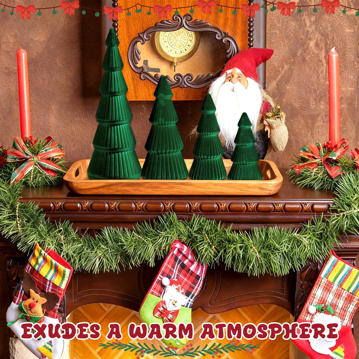 5 Pieces Christmas Velvet Trees Set Modern Christmas Decor 4 Szies Christmas Velvet Cone Trees Table Decoration Winter Decoration for Entryway Mantle Farmhouse(Green)