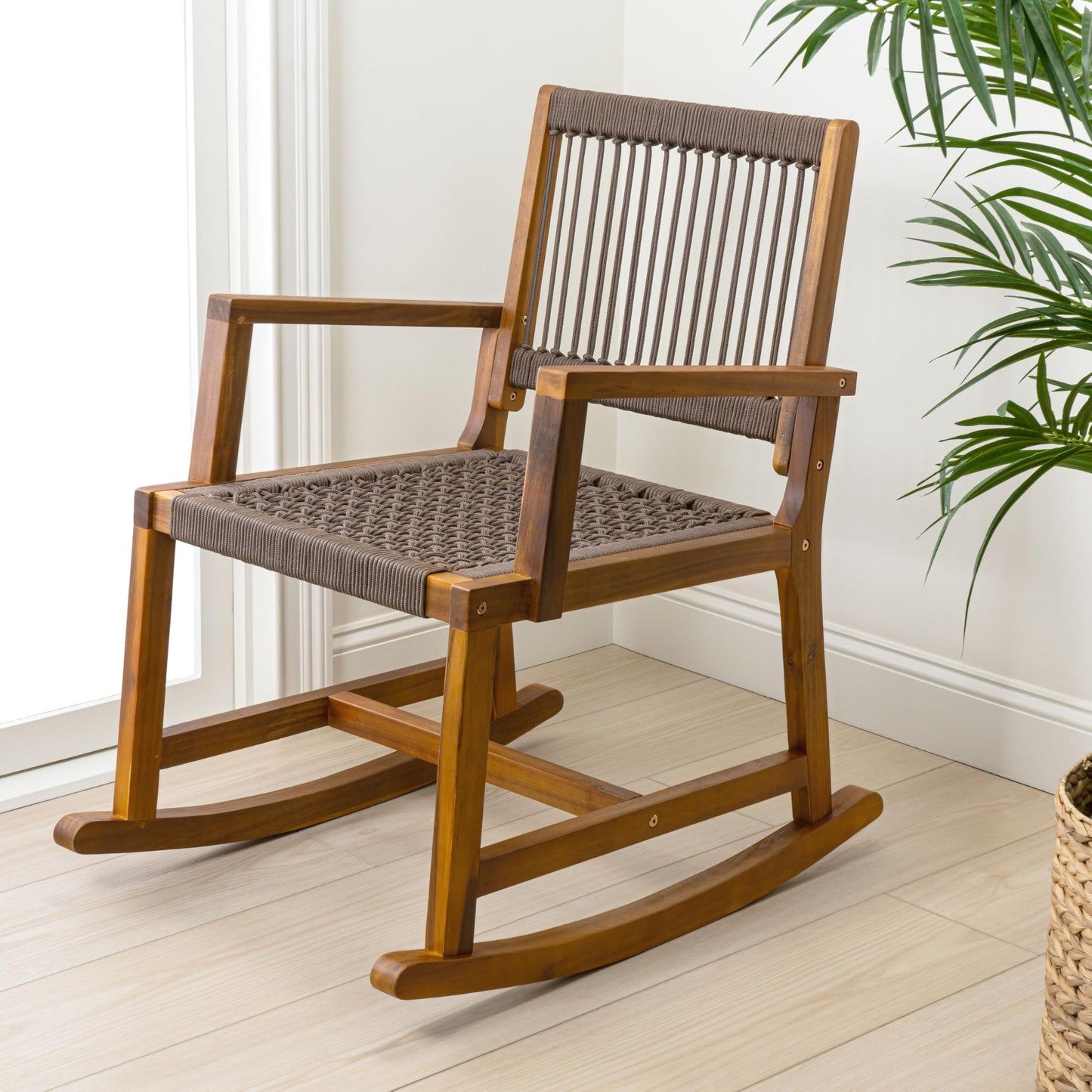 JONATHAN Y Laguna Solid Acacia Wood Outdoor Rocking Chair with Brown Woven Rope, Coastal Porch Rocker for Patio, Balcony and Living Room, 24" x 32" x 38", 352 lbs Capacity RCK103C