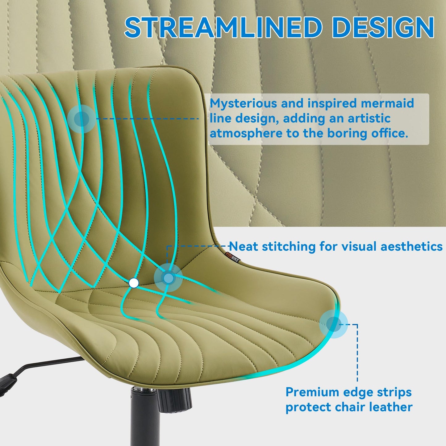 YOUNIKE Office Chair, Armless Desk Chair with Wheels, Home Office Computer Task Chairs, Modern Faux Leather Padded Vanity Chair, Adjustable Swivel Rolling Chairs with Back, Avocado Green