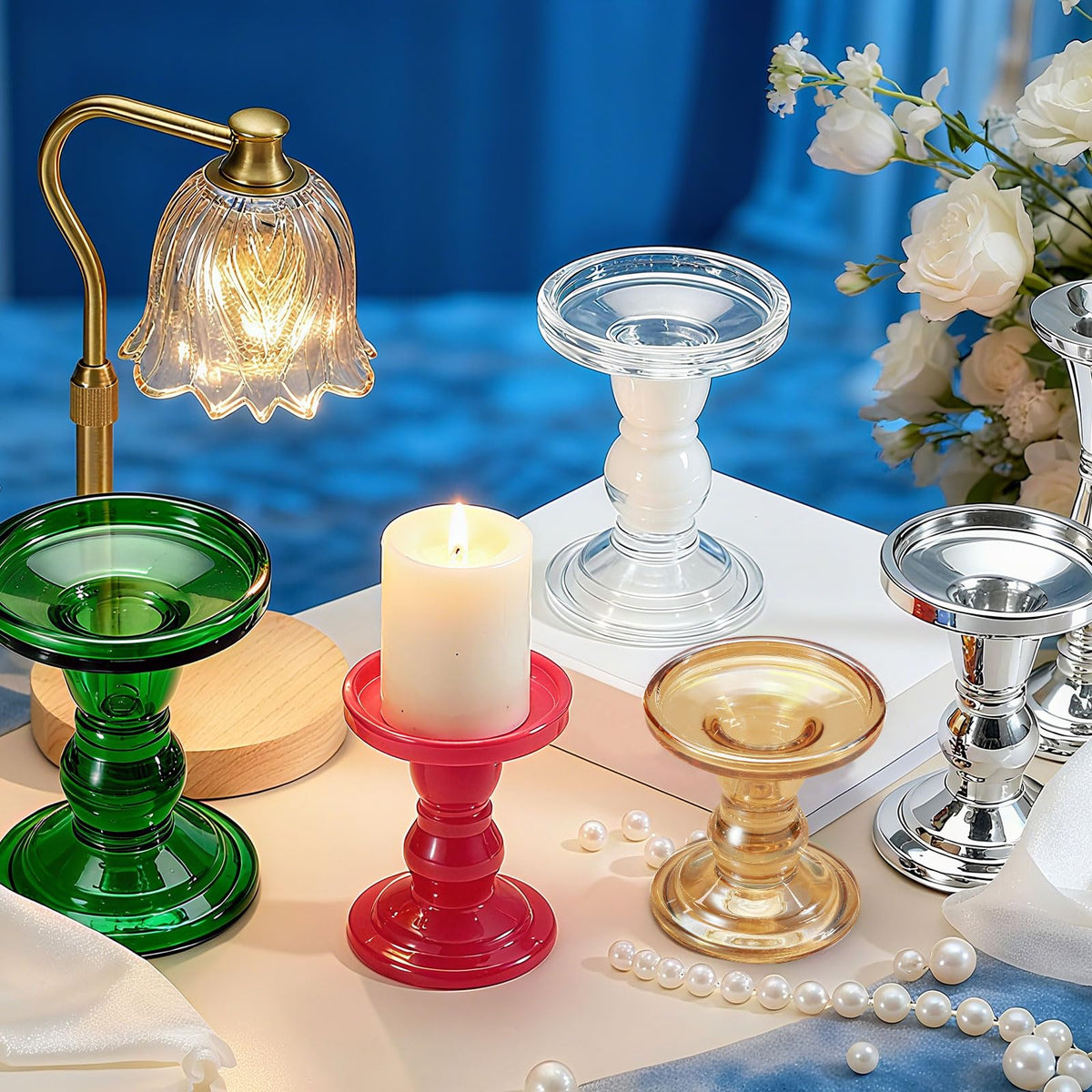 uxcell 14cm Glass Candle Holder for Taper/Column Candles, Candle Holders Tealight Stand Candlestick for Tealight Wedding Table Centerpiece Home Decor, Silver