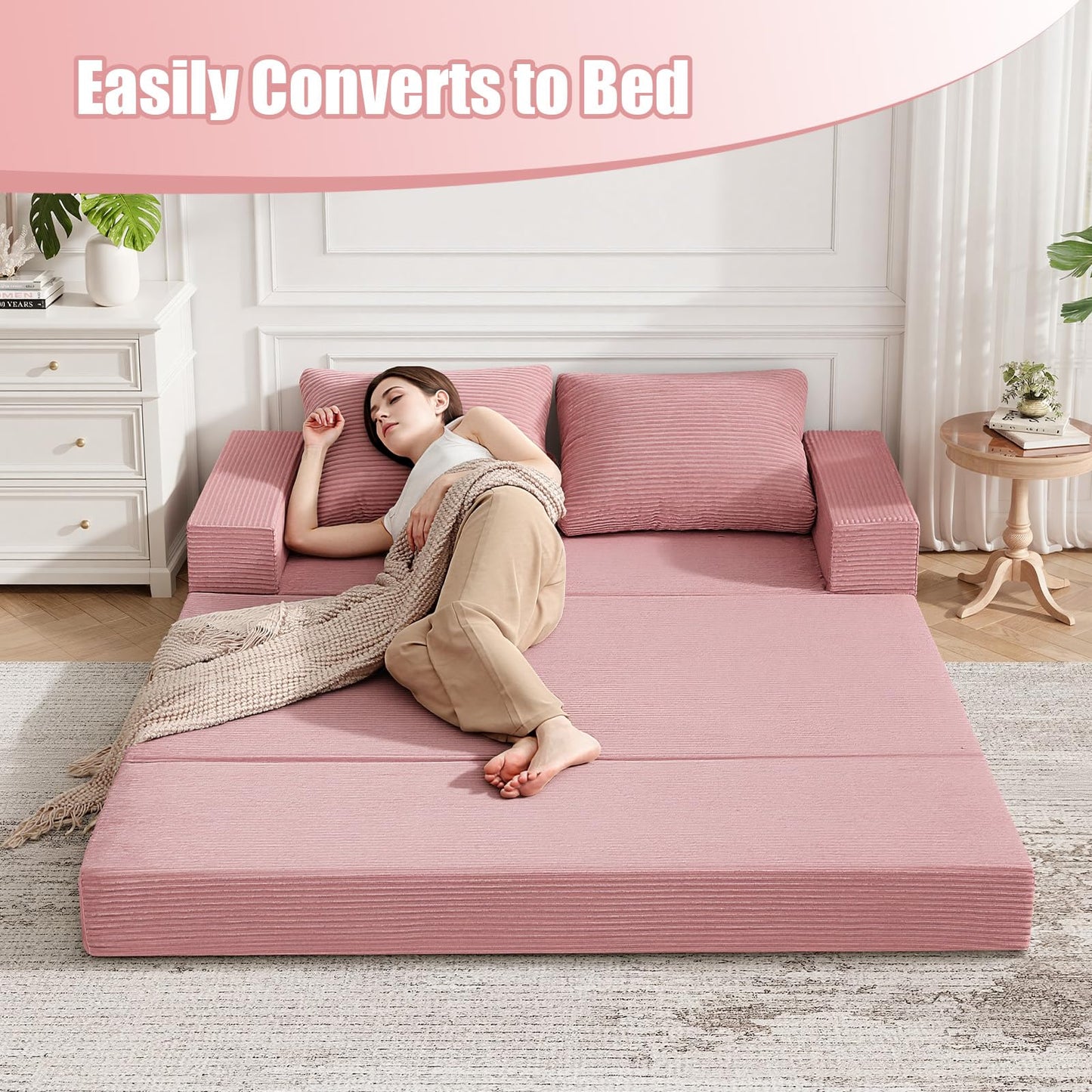 COMAX Convertible Sofa Bed Queen, Corduroy Folding Floor Couch Pull Out Couch Bed Futon Sleeper with Pillows, Fold Out Boneless Sofa Comfy Lounge Mattress Loveseat for Living Room Bedroom, Pink