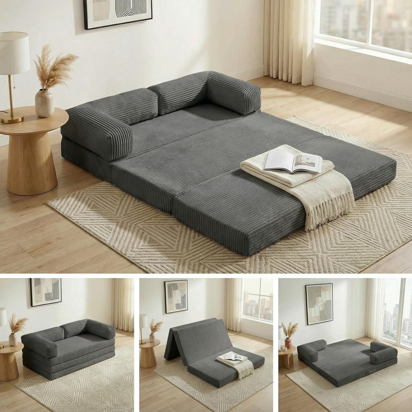 NLDD Convertible Sofa Bed Full,5-in-1 Folding Boneless Couch Corduroy Futon Sofa Bed,Tri-Fold Mattress with Removable Armrests & Handle,Sleeper with Pull Out Bed for Small Space Bedroom Grey