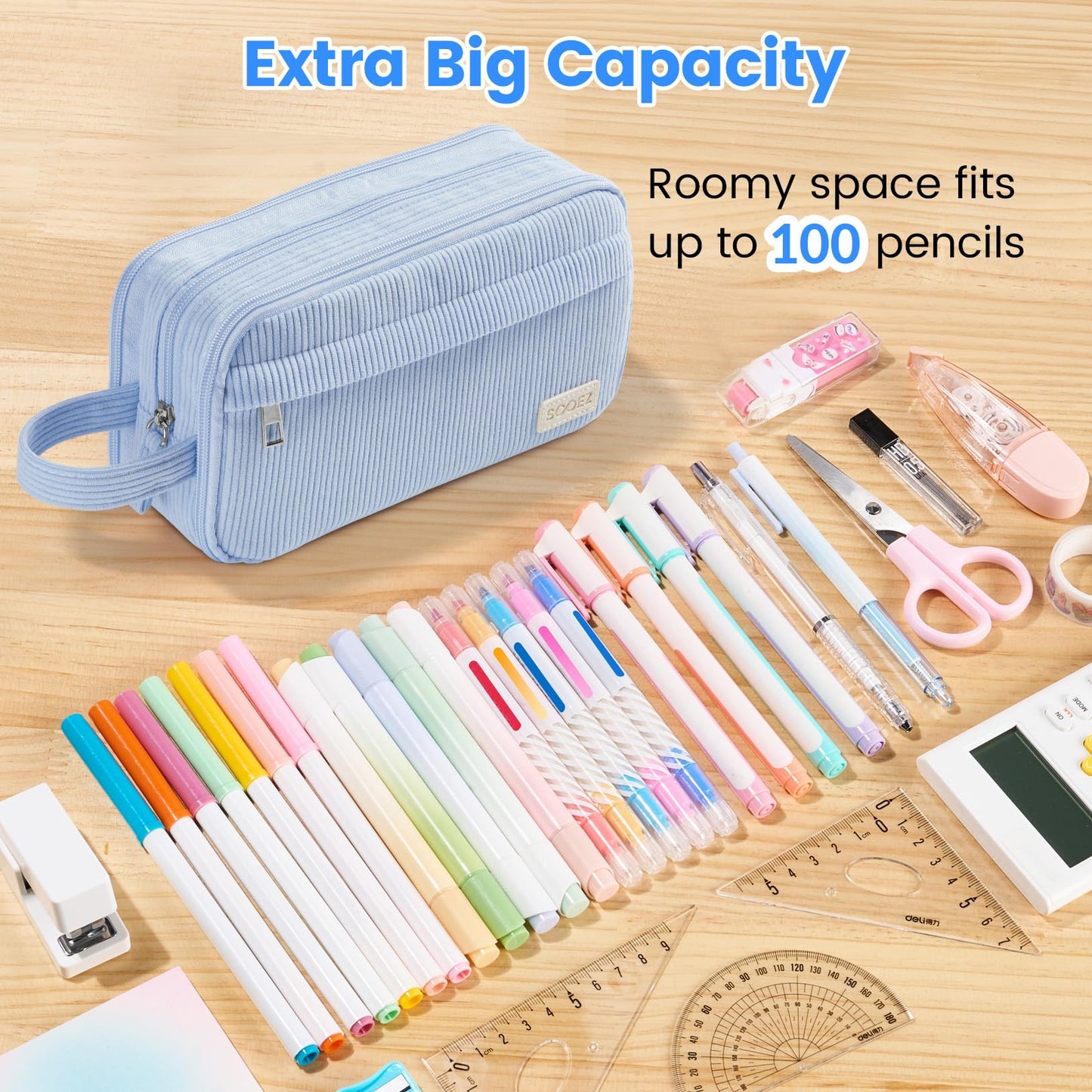 Sooez High Capacity Pencil Case, Soft Corduroy Pencil Pouch with 4 Compartments, Multiple Pockets, Large Pencil Bag with Sturdy Zipper, Cute Pencil Case Pouch Organizer for Student Teen Girls, Black