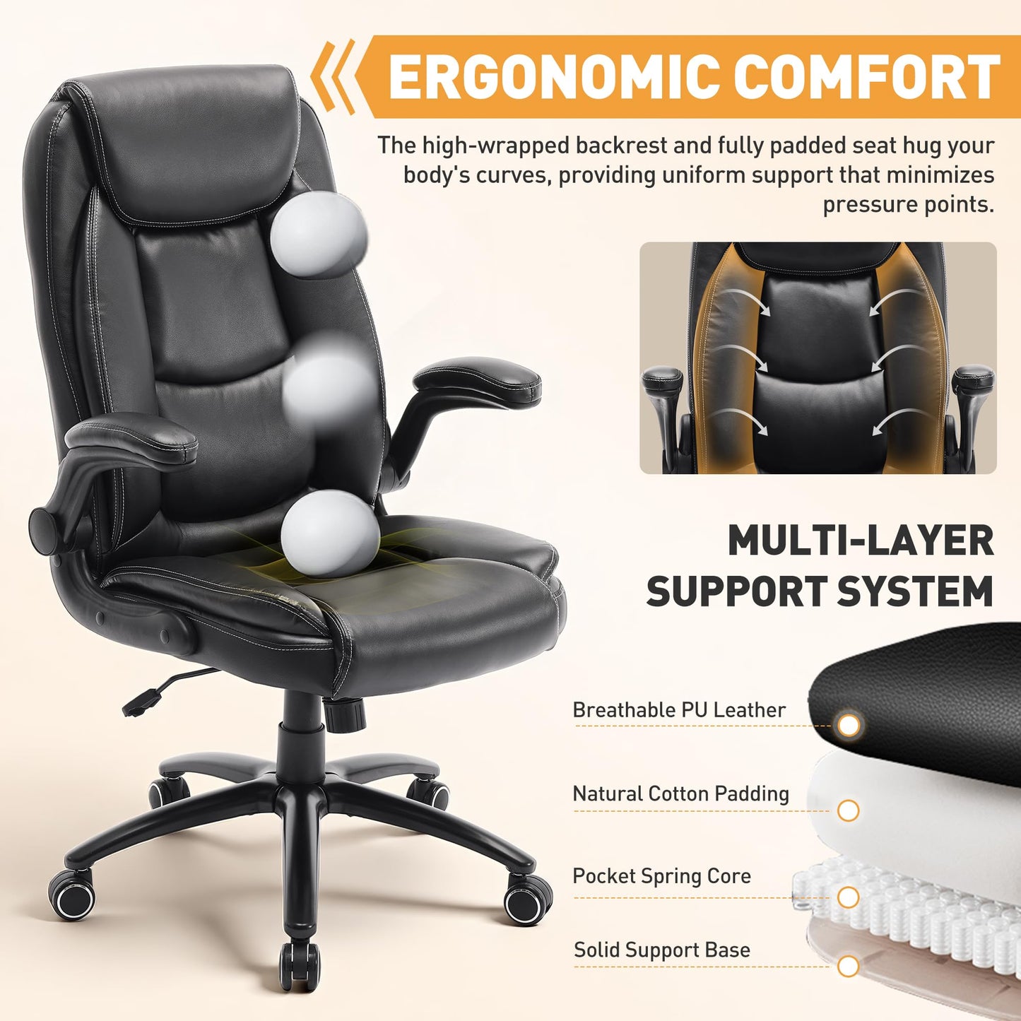 MALOL Ergonomic PU Leather Office Chair with Flip-Up Armrests & Reclining Backrest, 300lbs Thick Padded Seat Executive Desk Chair-Adjustable Height & Tilt Tension, Black