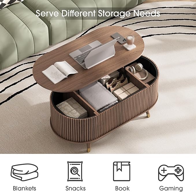 SULIVES Oval Coffee Table with Storage, Small Fluted Center Table