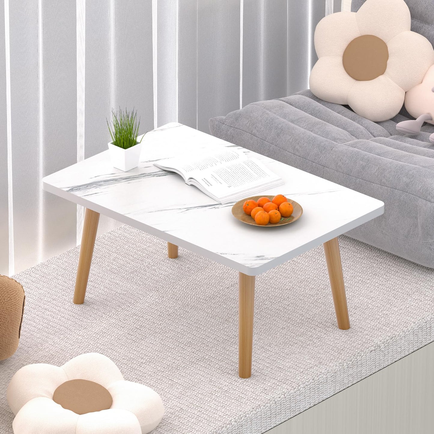 Coffee Table, 23.6" Small Oval Coffee Tables for Small Space with 4 Solid Wood Leg, Floor Table Desk for Sitting on The Floor, Side Table Japanese Low Table for Living Room Apartment, Rectangle White