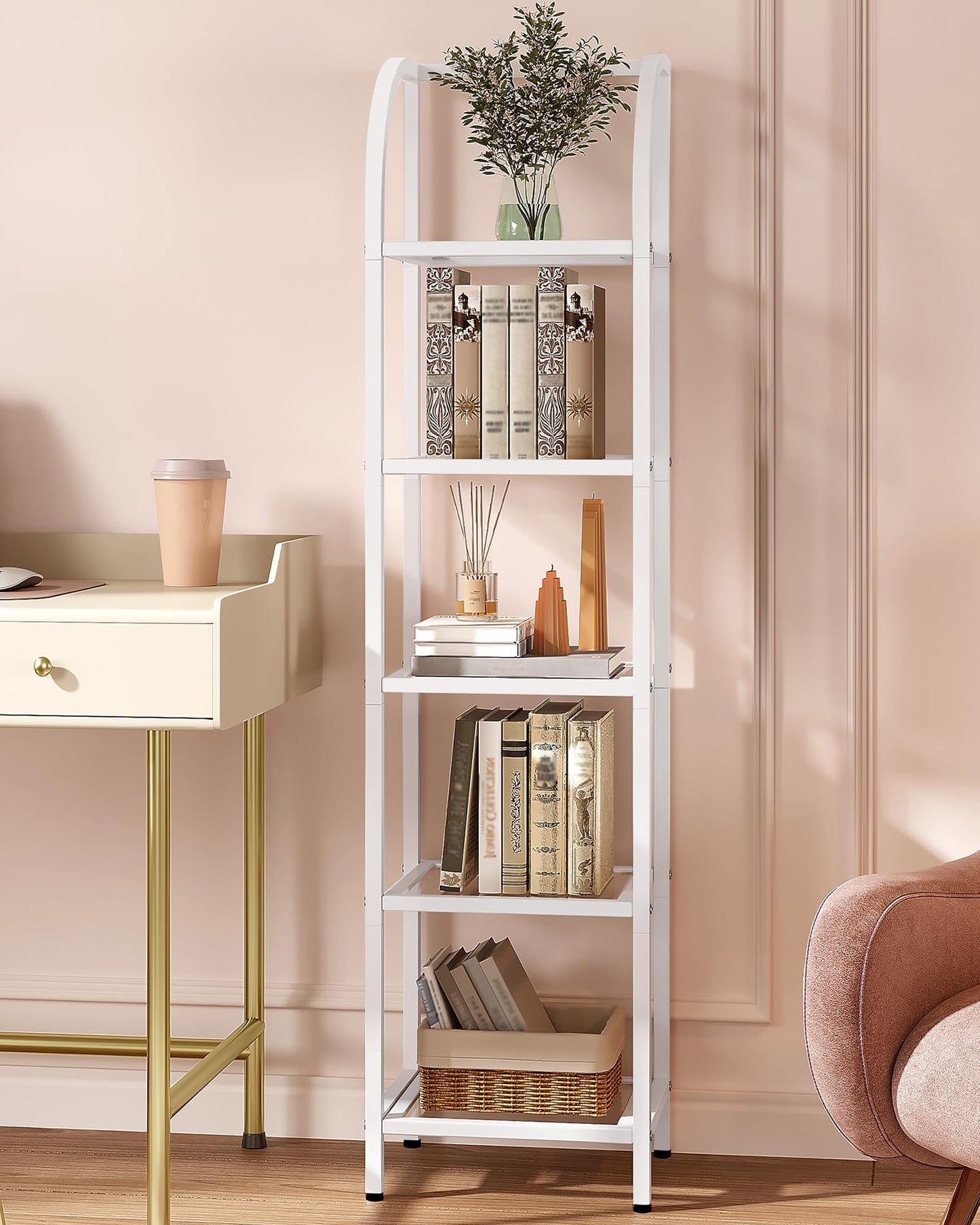 Hzuaneri Bookcase Bookshelf, Tempered Glass Arched Bookshelf for More Storage, Slim Shelving Unit for Bedroom, Bathroom, Home Office, Steel Frame, 5 Tier White BC20599W