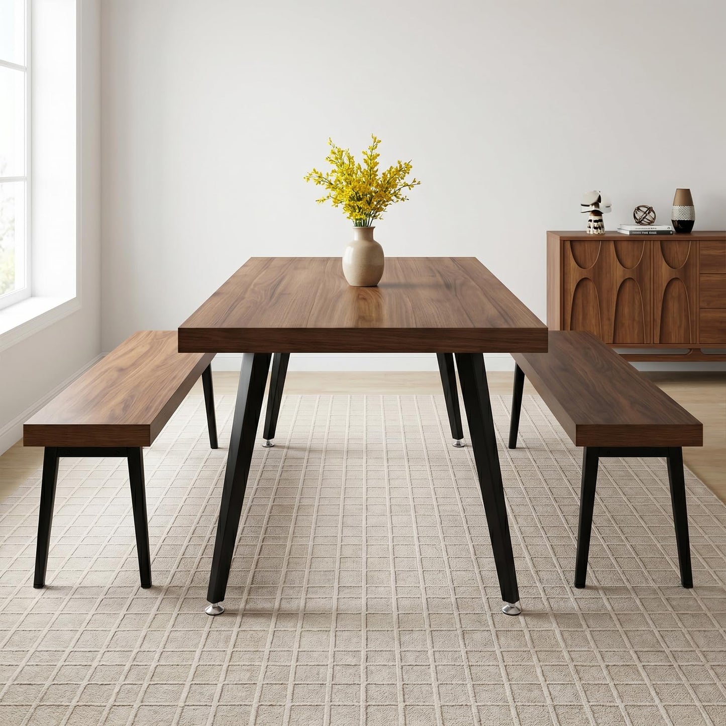 ZckyCine 3-Piece Dining Table Set with 2 Benches, 71" Modern Industrial Kitchen Table Set with Thick MDF Wood Top and Heavy Duty Metal Legs, Space Saving Dinner Table and Benches for Dining Room