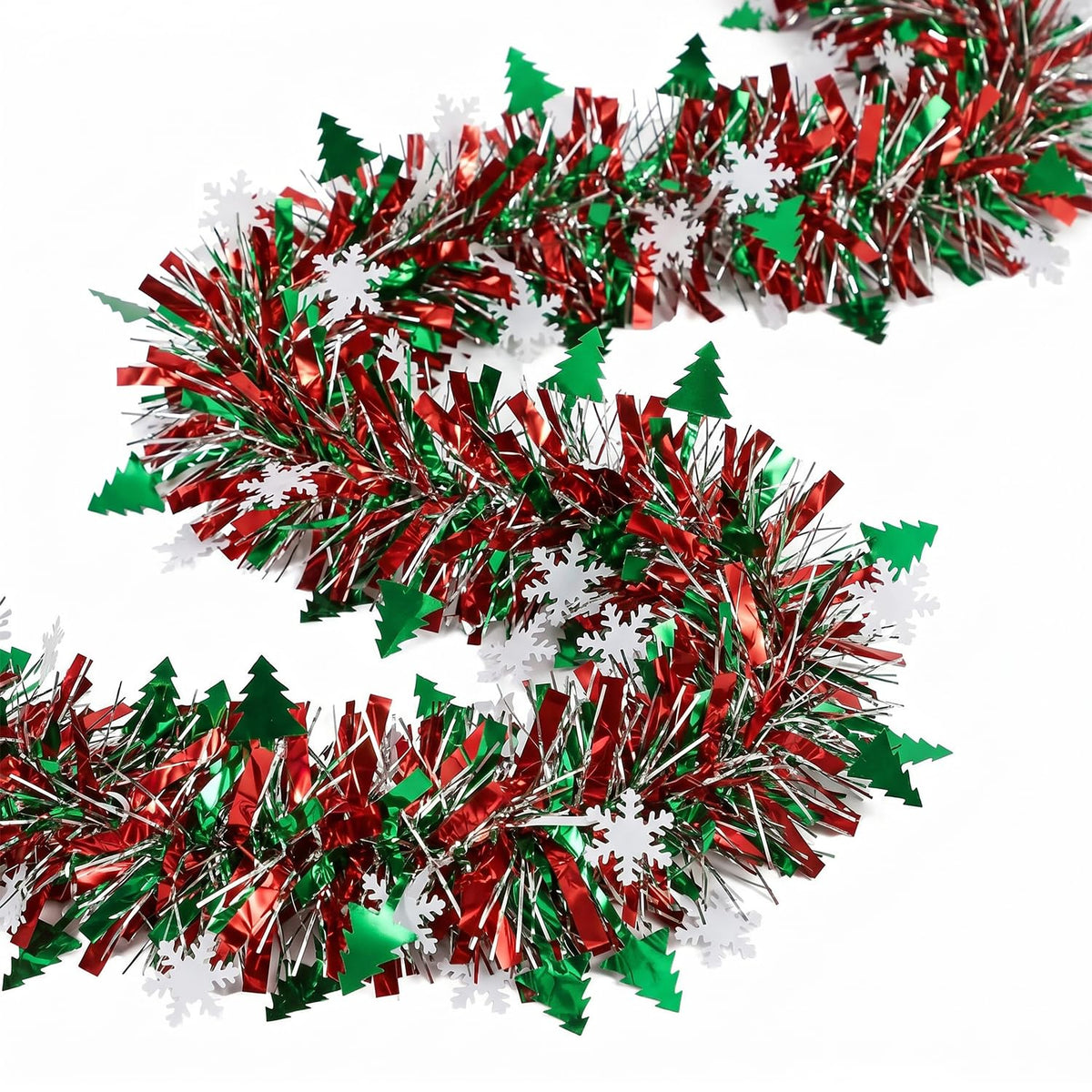 50 Feet Green Red Christmas Metallic Tinsel Twist Hanging Garland with Snowflake Xmas Tree for Home Mantle Xmas Tree Staircase Railing New Year Holiday Party Indoor Outdoor Decorations