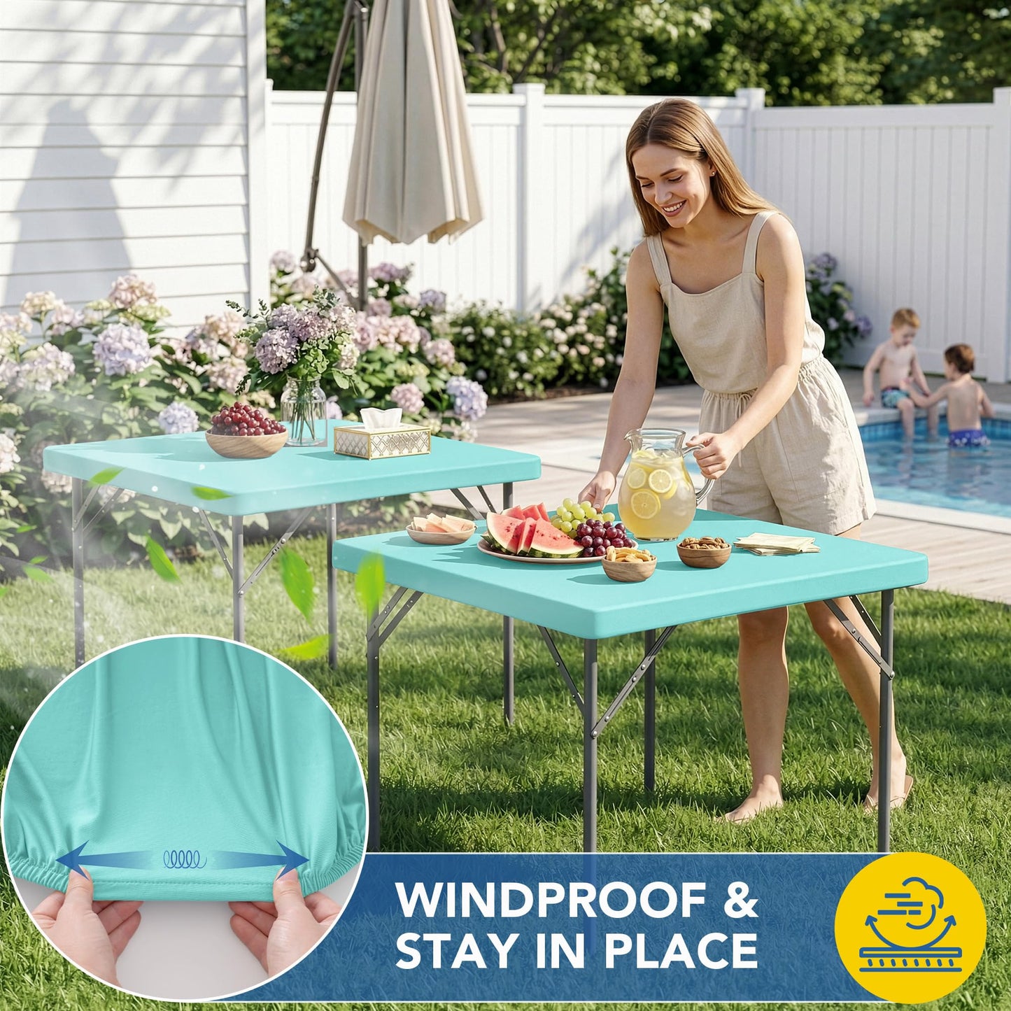 Enjoyidea Square Fitted Tablecloth 34x34 Inch-2 Pack Aqua Blue Card Elastic Spandex Table Cover-Small Stretch Folding Table Cloths Topper Cap for Kitchen Dining Picnic Patio Outdoor Party Tables