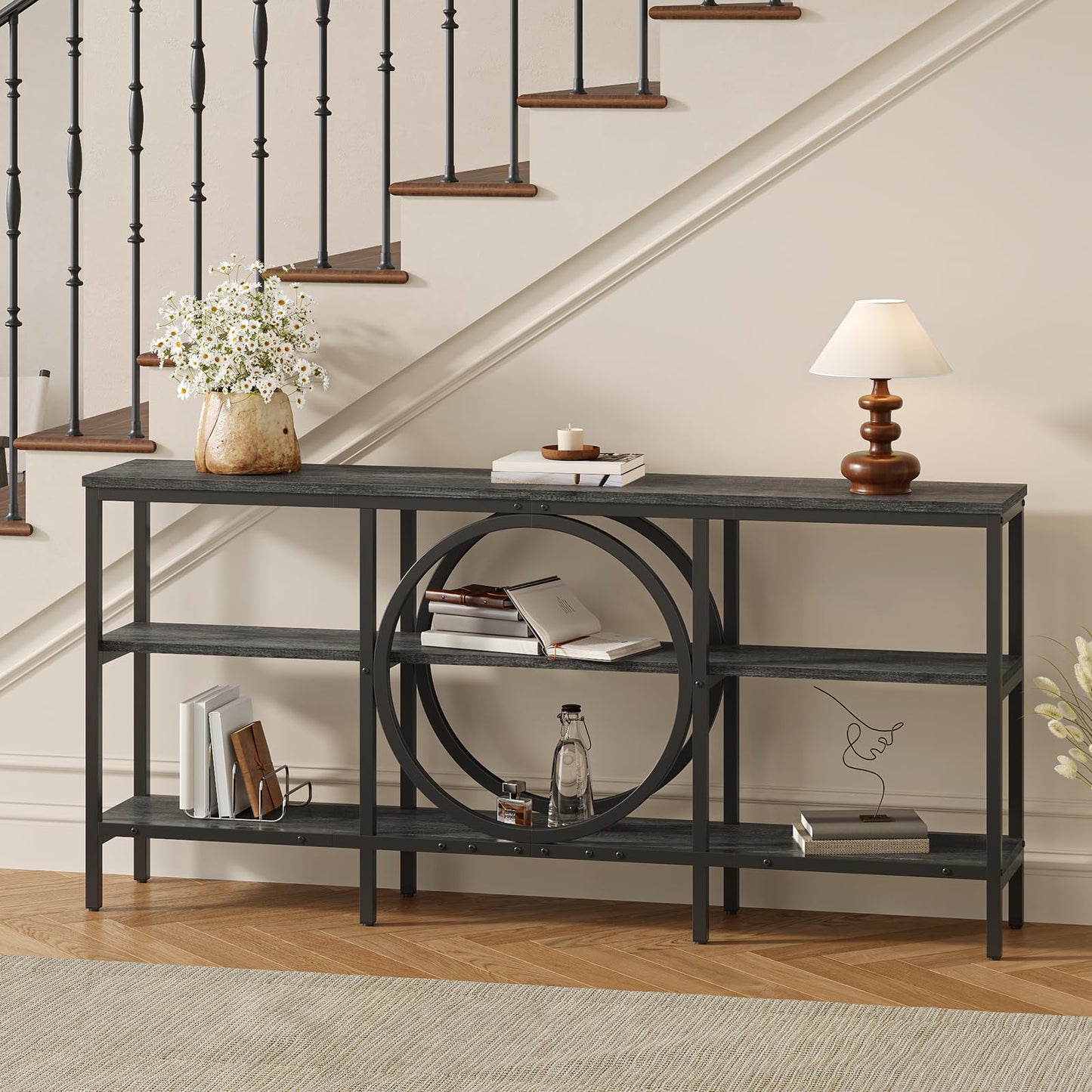 Tarnorci 66.9'' Console Table, 3-Tier TV Stand with Storage, Home Sofa Living Room Table Behind the Couch for Entryway (Grey Oak+Black)