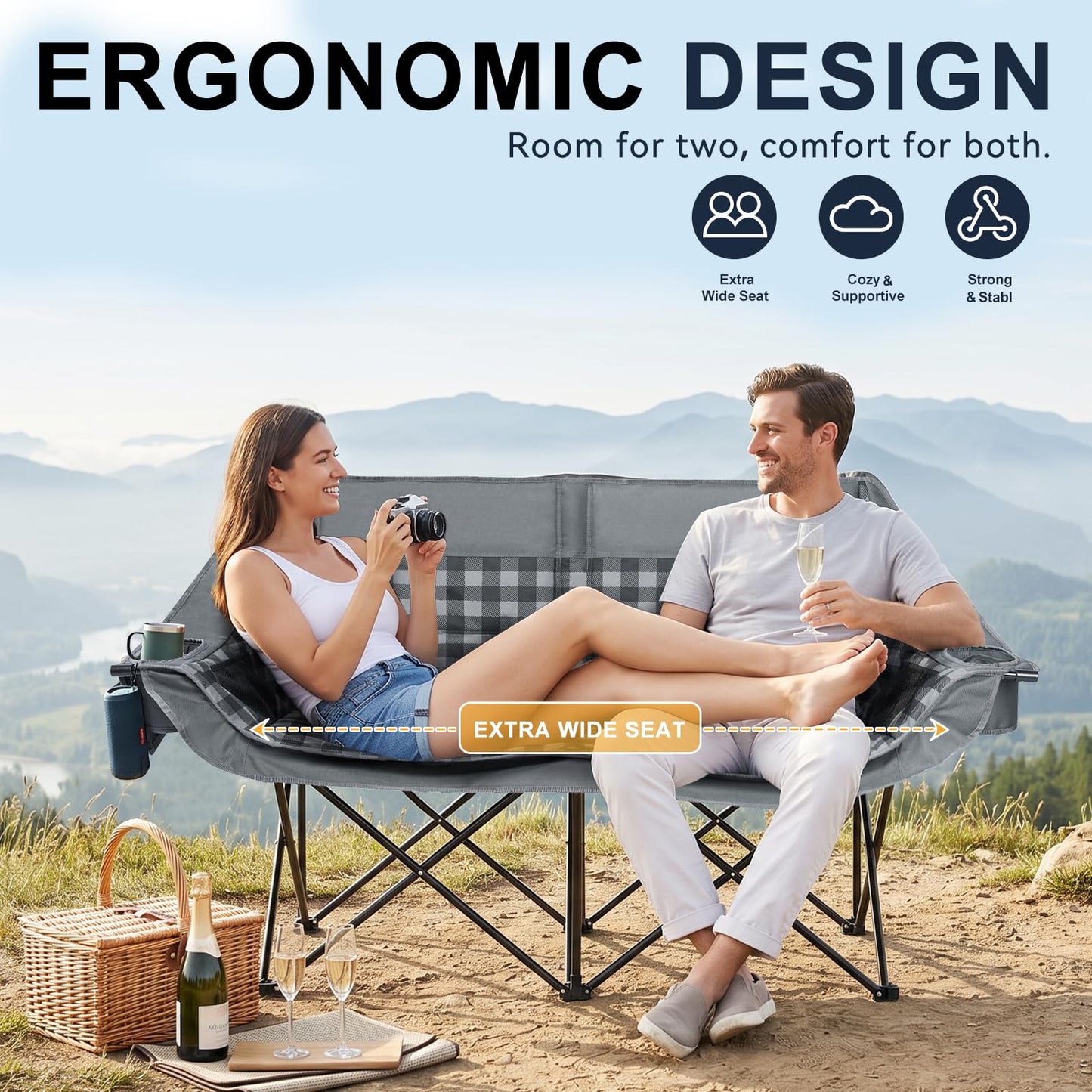 RVIEIS Double Camping Chair 2 Person Loveseat Oversized Padded Camping Couch Heavy Duty Portable Folding XL Camp Chair with Cup Holder Side Pocket for Outdoor Lawn Beach Sport Support 800LBS, Plaid