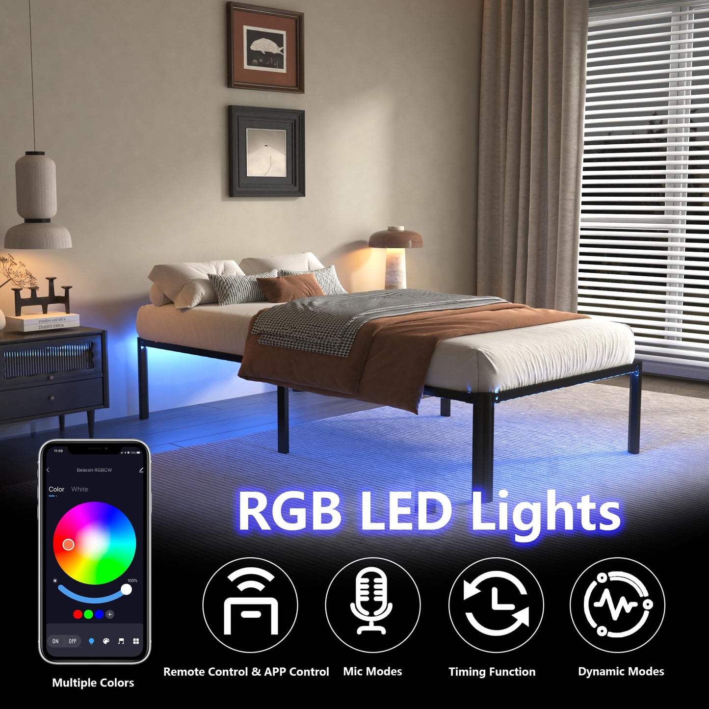 DORITRON Twin Bed Frame with Led Lights, 14 inch Heavy Duty Metal Platform Bed Frame Twin Size with Charging Station, No Box Spring Needed, Noise-Free