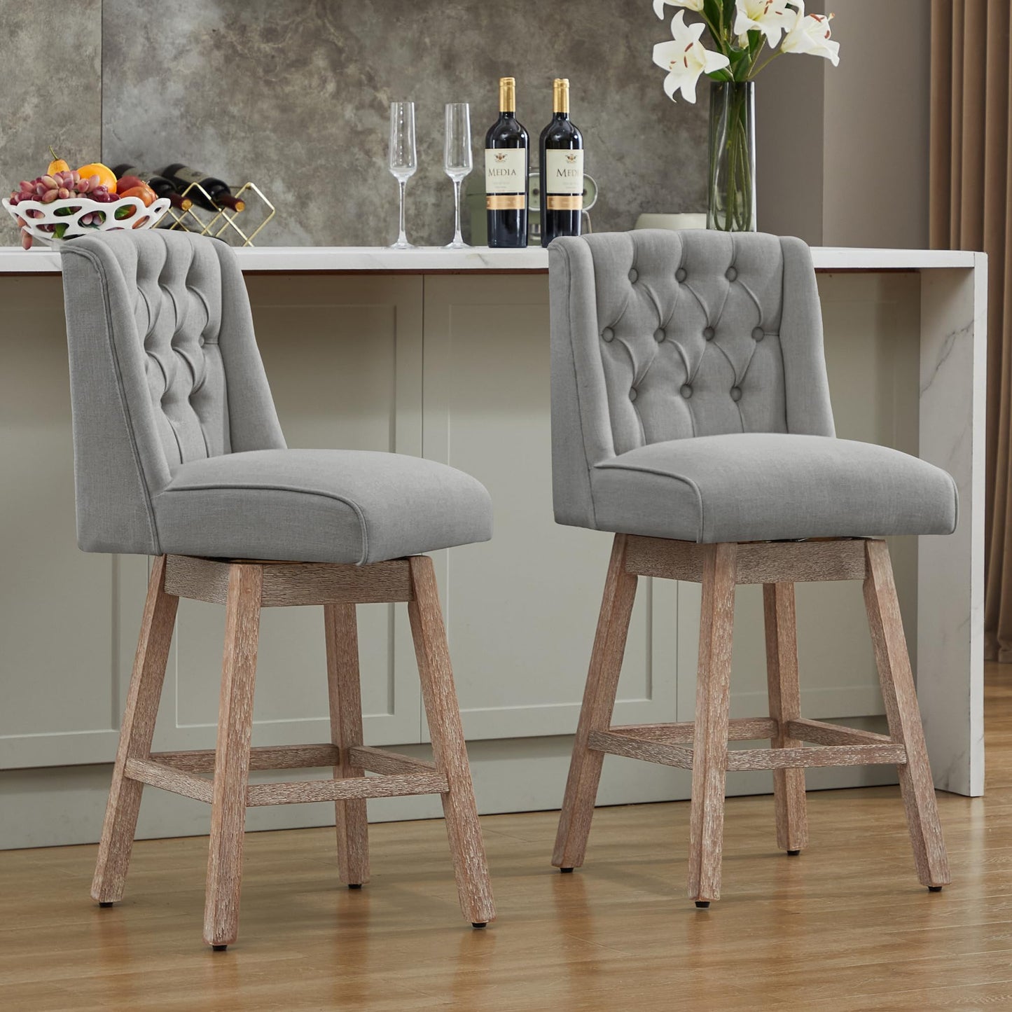 UDAX 26" Swivel Bar Stools Set of 4, Counter Height Barstools with Back, Linen Fabric Upholstered Bar Stools, Modern Barstools Wood Legs for Kitchen Island Dining Room Bar