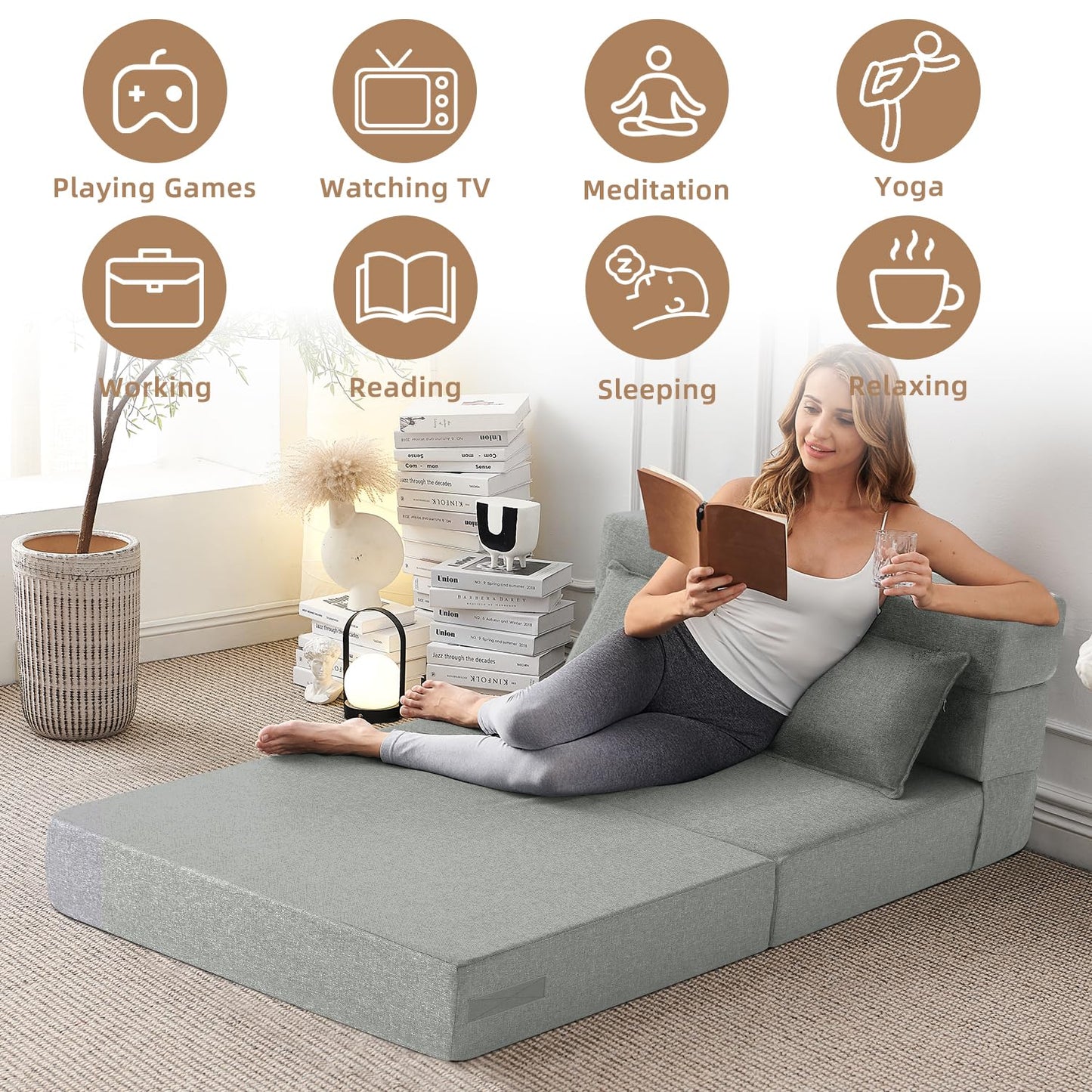 FILUXE Folding Sofa Bed | Convertible Sleeper Chair Bed for Adults, Fold Out Chair to Bed Linen Futon Chair with Pillow, for Home Dorm Apartment RV Living Room, Standard Size, Light Gray