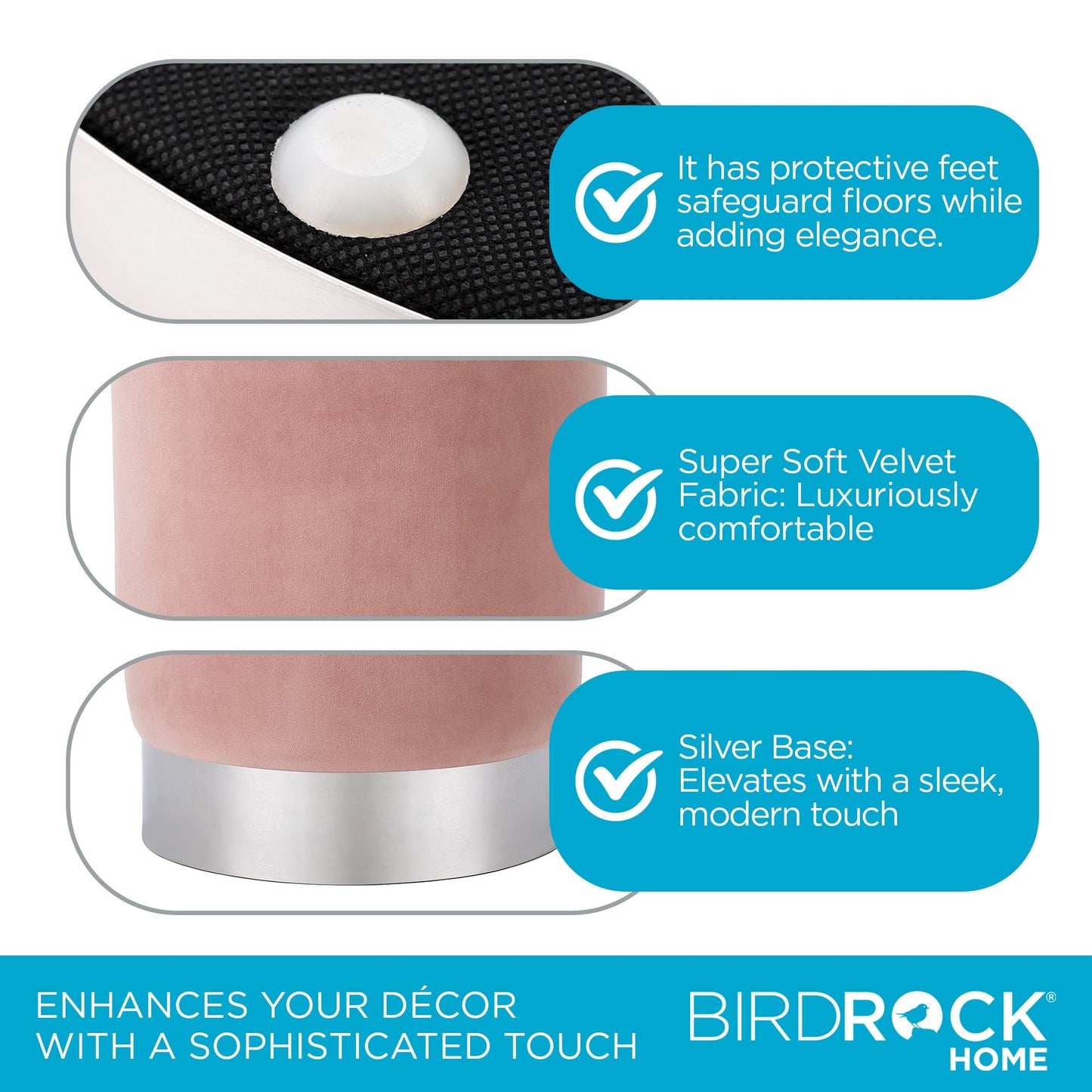 BIRDROCK HOME Round Ottoman Foot Stool – Modern Soft Padded Velvet Vanity Chair with Silver Metal Trim – Accent Chair or Foot Rest for Living Room, Bedroom, or Dressing Room (Dusty Rose)