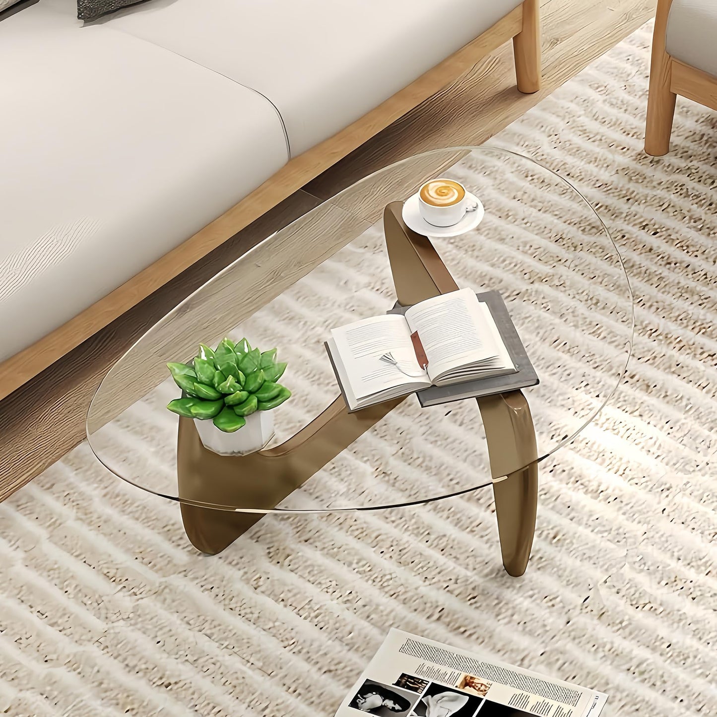 Modern Glass Coffee Table, 35.5″ Noguchi Coffee Table with Triangle Tempered Glass Top, Walnut Wood Base, Stable Funky Center Tables for Living Room, Apartment & Small Spaces