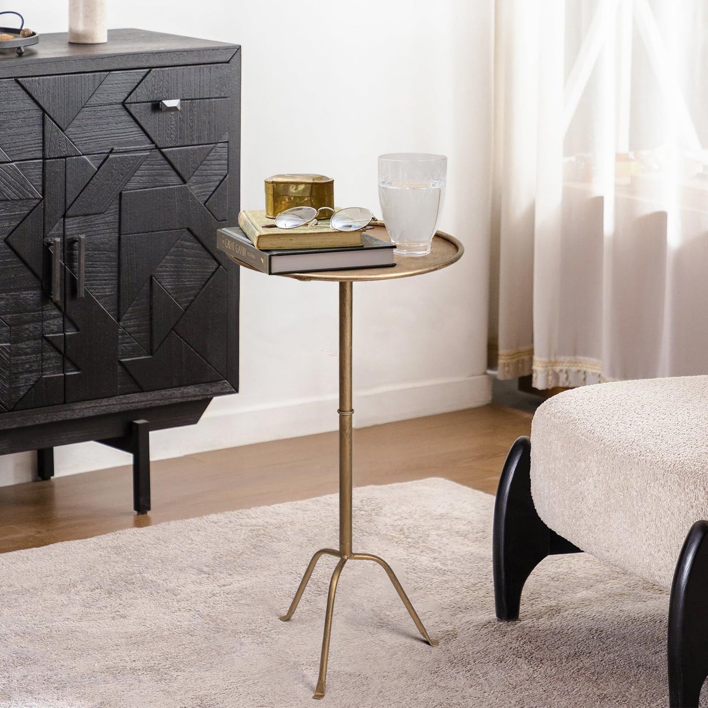 SUJUN Metal Martini Side Table, Antique Brass – Compact Art Deco Design, Raised Edge, Easy Assembly, 12.5" Diameter, 27.5" Height, Stylish and Functional Cocktail Table