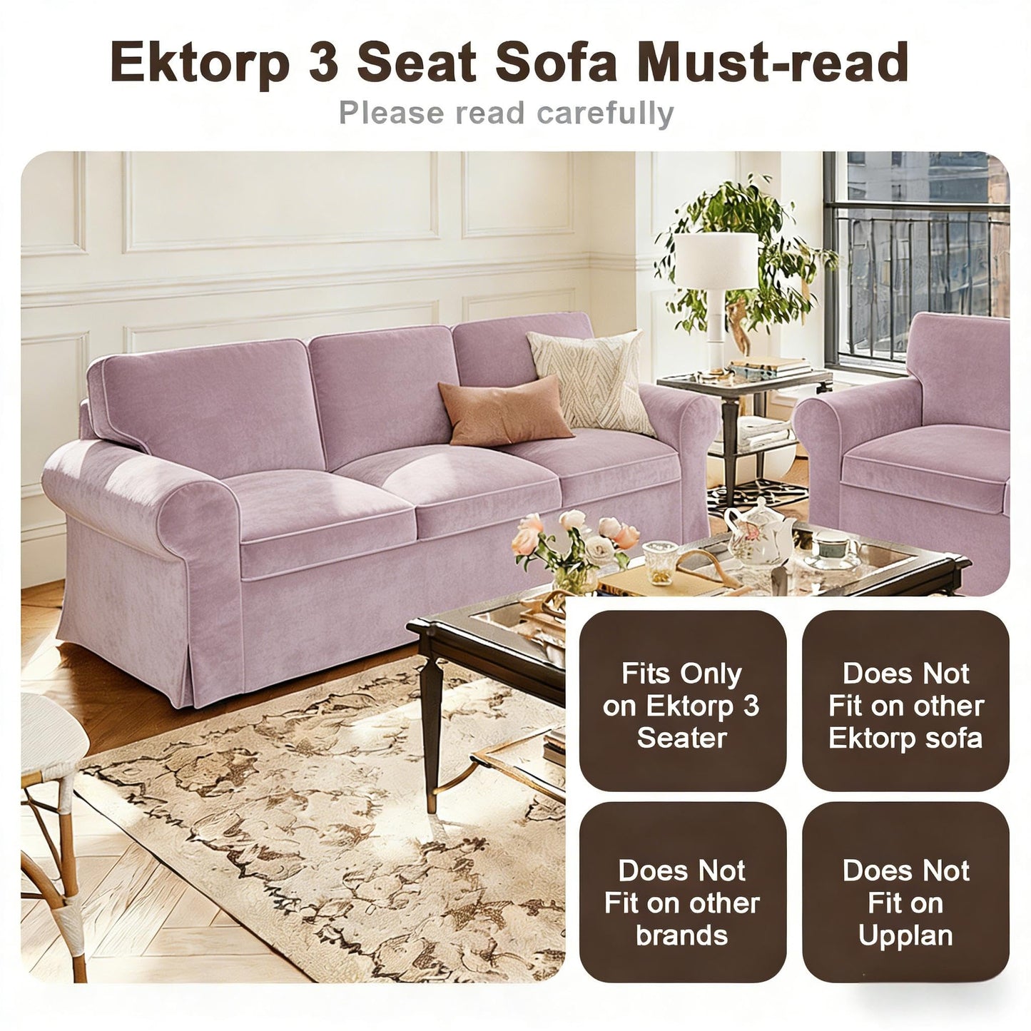 Velvet Pet-Friendly Replacement Sofa Cover Compatible for IKEA Ektorp 3 Seat Sofa Slipcovers, Couch Cover Only, 7-Piece Slipcover, Pink, Couch Cover Not Include The Sofa Body