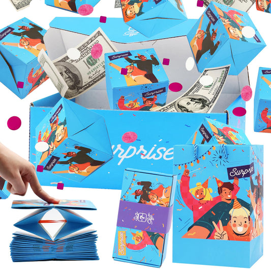 Surprise Gift Box Explosion for Money, Unique Folding Bouncing Red Envelope Gift Box with Confetti, Cash Explosion Luxury for Birthday Anniversary Valentine Proposal (15 Bounces) (Blue)