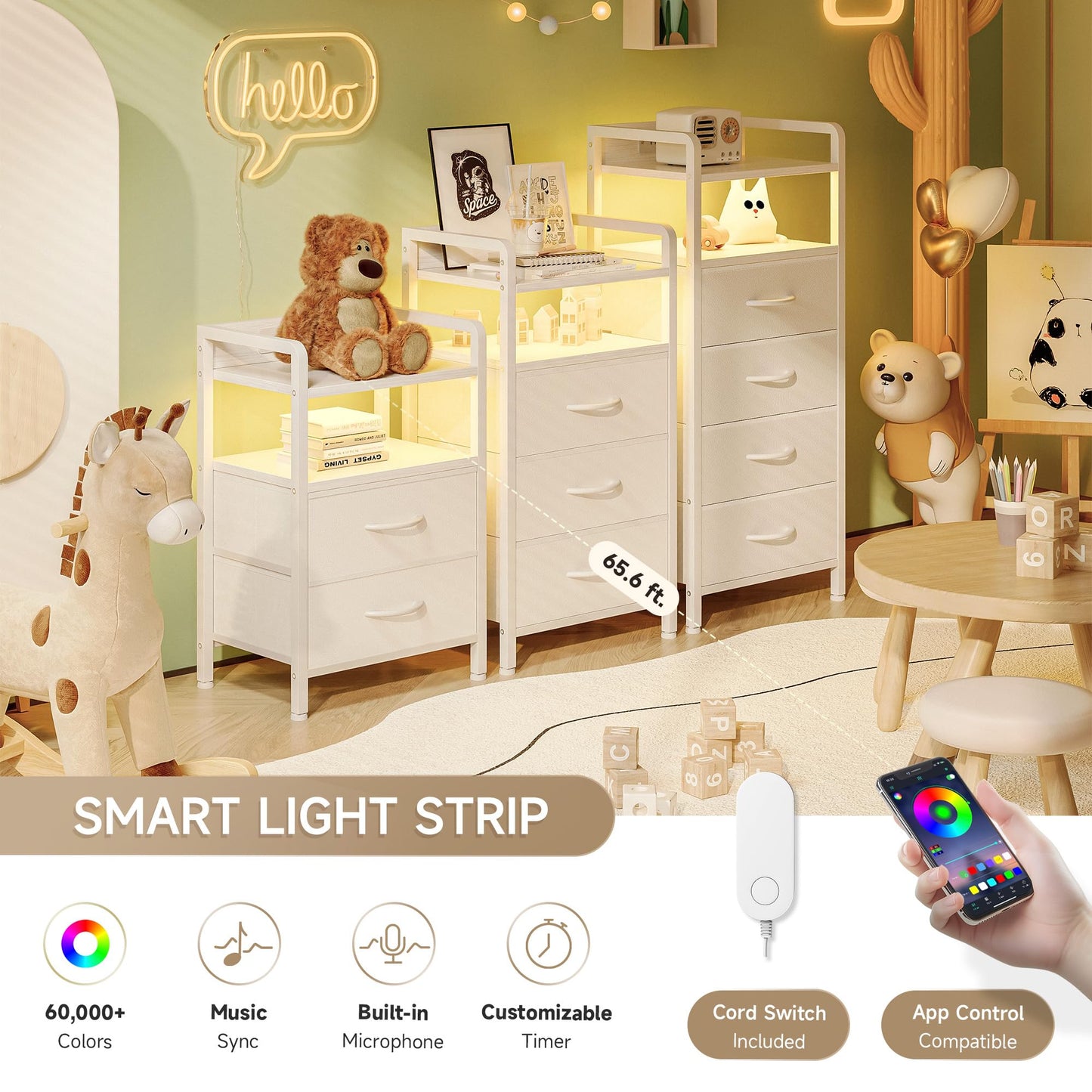 Lazzanto Night Stand Bedside Table Bedroom - White Nightstand with Charging Station & LED Light Strip, Morden Bed Side End Table with Storage Shelf & 2 Fabric Drawers, U-S-B Ports & AC Outlets