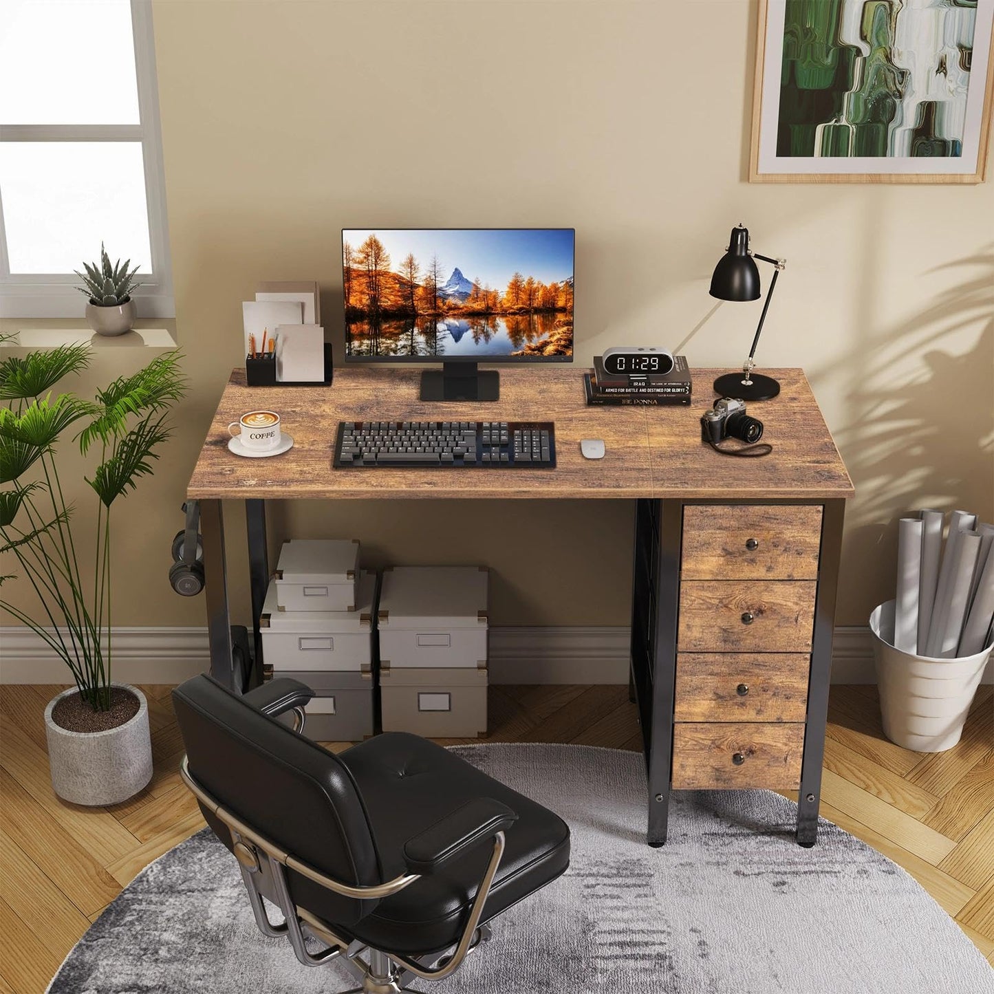 Lufeiya 47 inch Computer Desk with 4 Drawers, Reversible Writing Work Study Desk for Home Office Bedroom, Modern Simple Student PC Desks, Rustic Brown