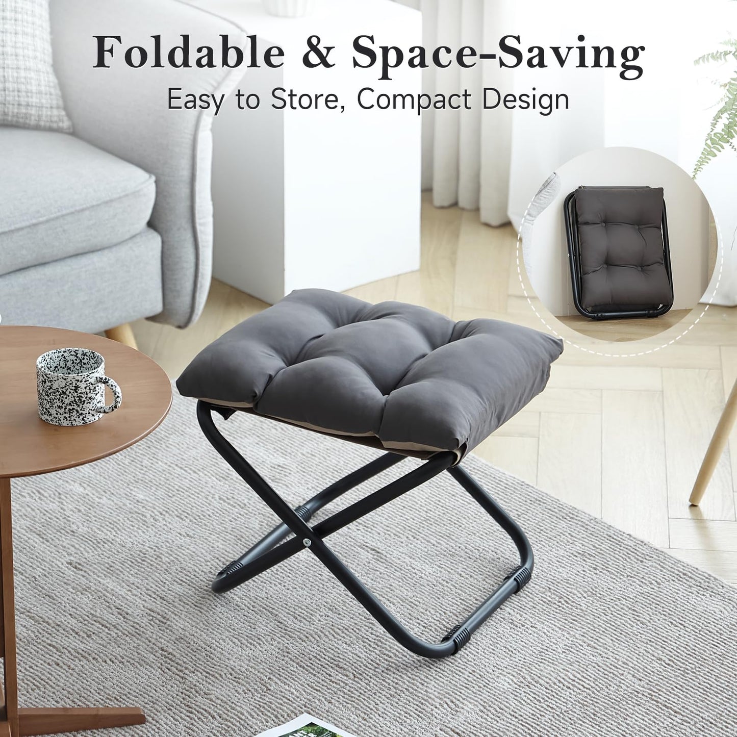Welnow Folding Foot Stool, Upholstered Small Accent Ottoman with Detachable Thick Cotton Cushion, Padded Sofa Stool with Straight Metal Legs for Lazy Chair, Living Room, Bedroom, Dark Grey