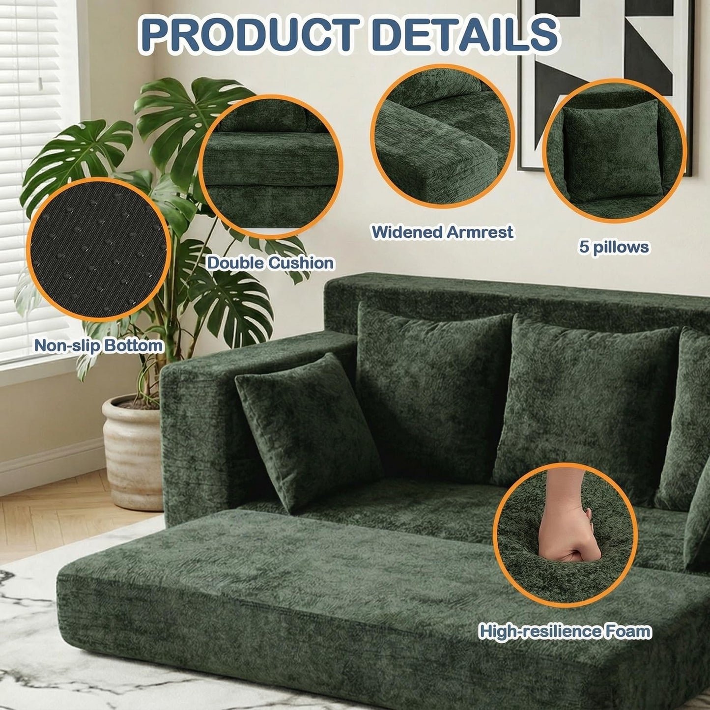 Winzoo Boneless Couches 70", 3 Seater Boneless Couch with Pull Out Sofa Bed, Boneless Couch Bed with 5 Pillows Green, Plush Velvet Sofa for Living Room & Bedroom