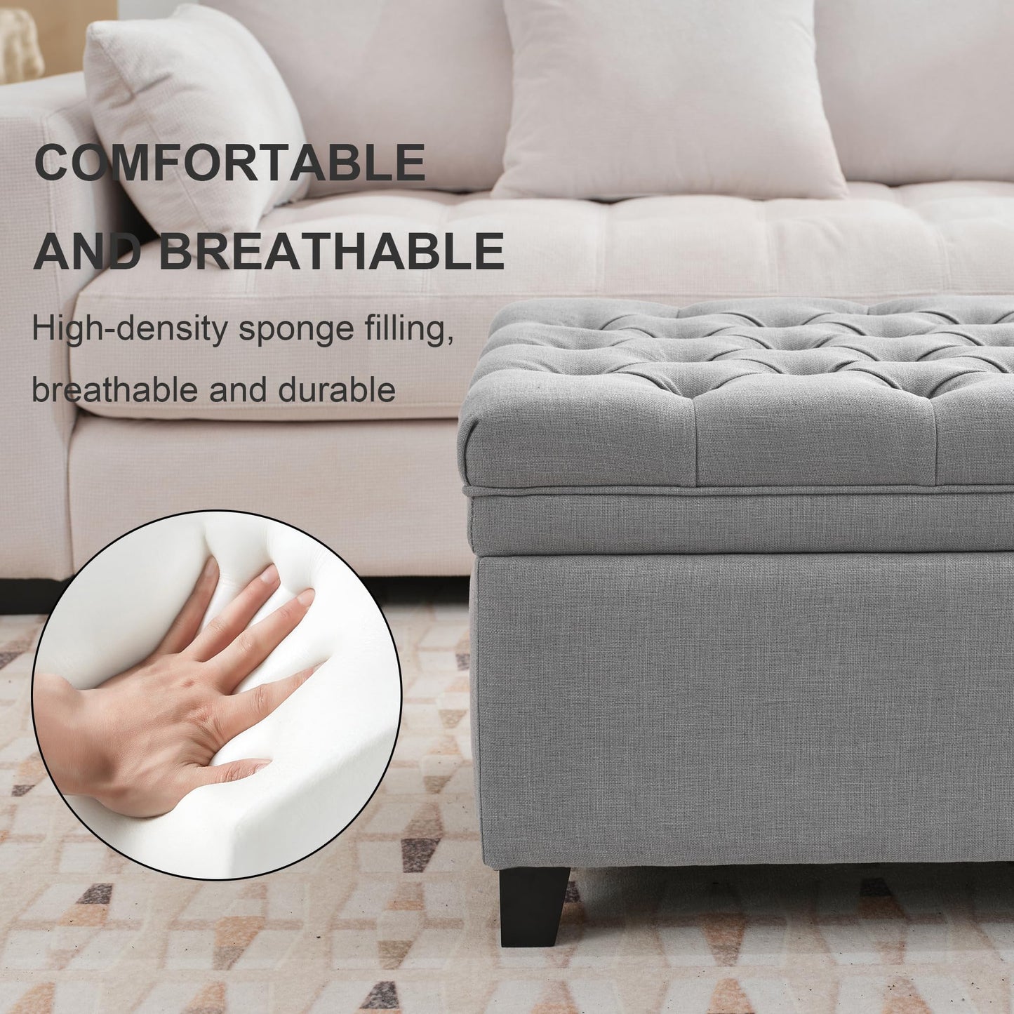 UDAX 51" Storage Ottoman for Bedroom & Living Room, End of Bed Bench with Black Wooden Legs, Linen Upholstered Tufted Ottoman, Entryway Storage Bench, Light Grey
