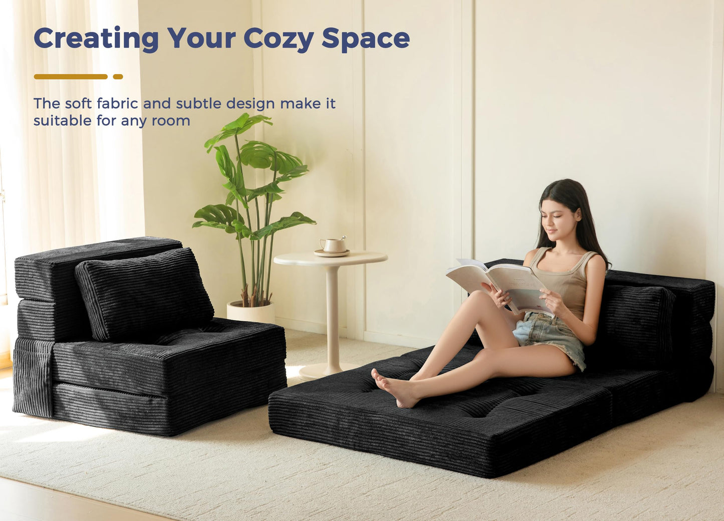 MAXYOYO Convertible Sofa Bed, Fold Out Loveseat Sleeper Sofa with Pillow, 4 in 1 Tufted Folding Couch Bed Foam Floor Couch, Lazy Chair for Living Room Bedroom Guest Room, Black