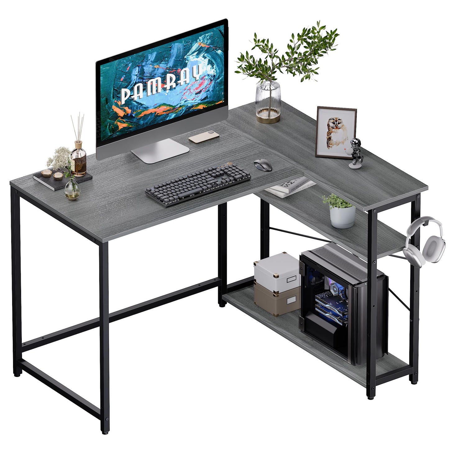 Pamray 43 Inch L Shaped Computer Desk with Reversible Side Storage Shelves, Small Corner Desk for Small Space Home Office,Writing Study Table PC Desk for Bedroom,Espresso Gray