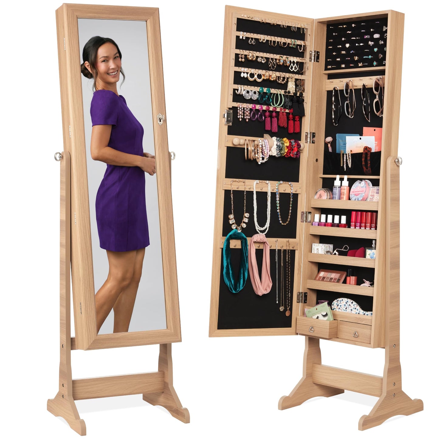 Best Choice Products Freestanding Jewelry Armoire Cabinet, Full Length Standing Mirror, Lockable Makeup Storage Organizer, w/Velvet Lining, 3 Angles, Lock, Accessory Pouch, 5 Shelves - Natural Oak