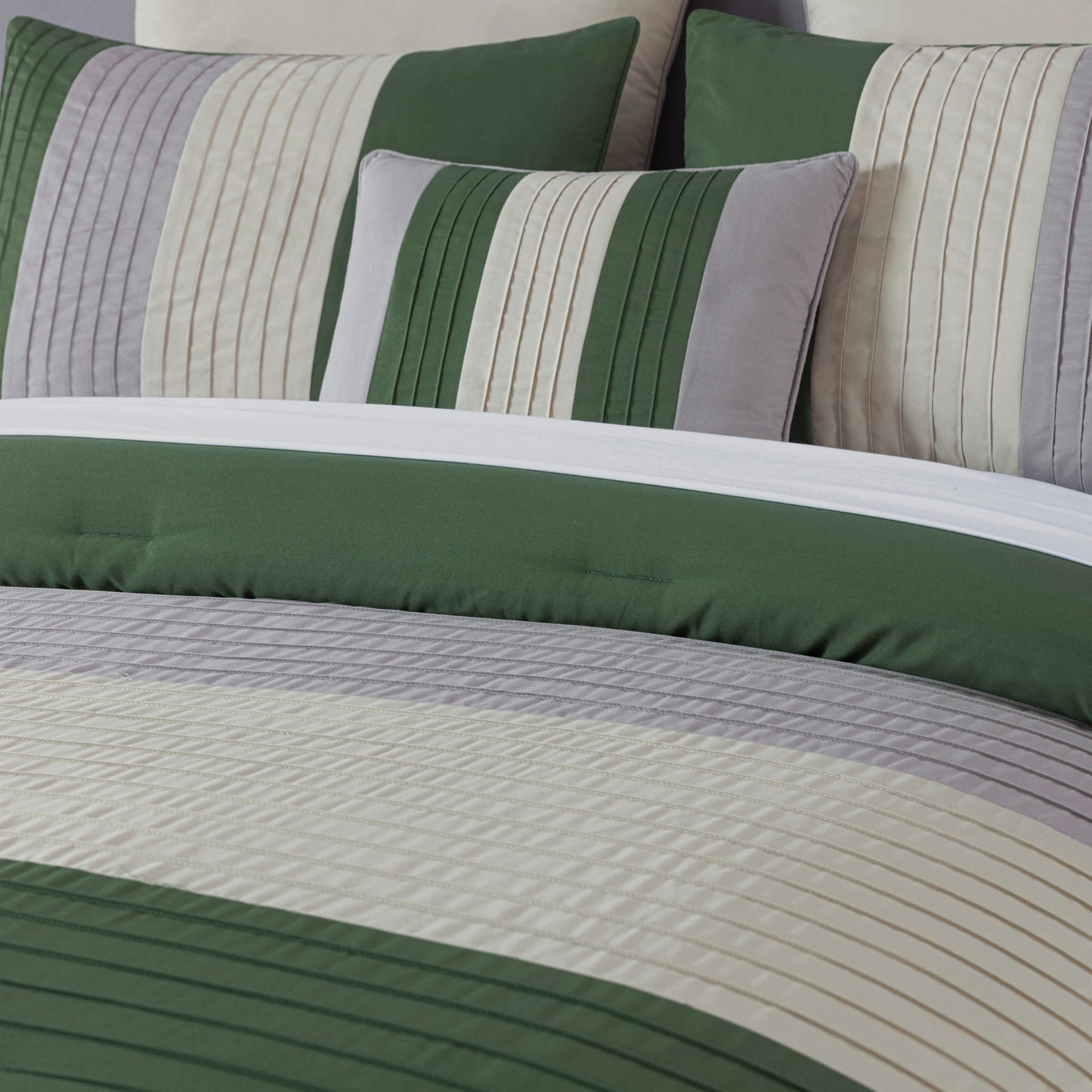 Chezmoi Collection Loft 8-Piece Oversized King Comforter Set, Forest Green/Gray/Cream Luxury Striped Bedding for All Season