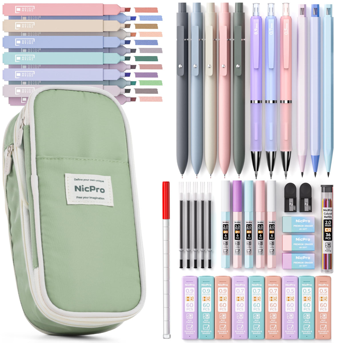 Nicpro 50PCS Aesthetic School Supplies with Cute Pencil Case, 5 Quick Dry Black Ink Pens, 12 Pastel Highlighters, 6 Mechanical Pencil 0.5, 0.7, 0.9 & 2.0 mm for Students Stationary College Essentials