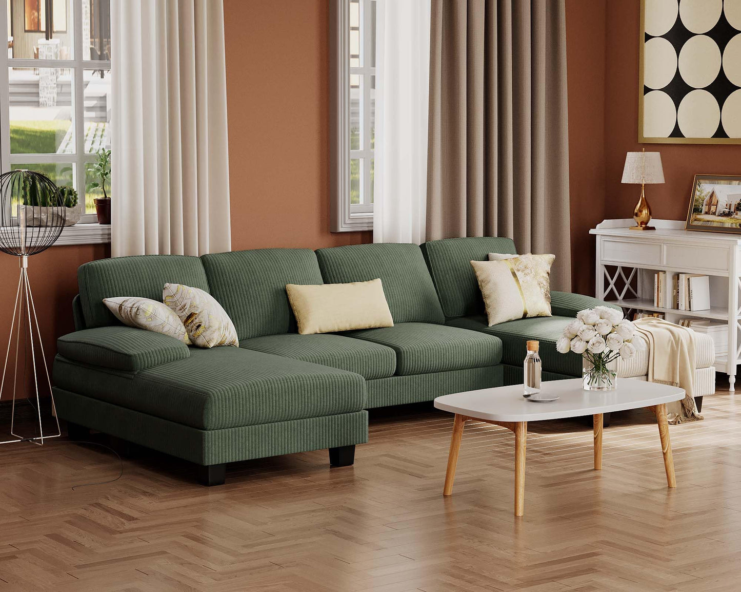 Furmax Sectional Couches for Living Room, U-Shaped Sofa Couch with Linen Fabric, 4 Seat Sofa Set with Double Chaise for Apartment (Corduroy, Dark Green)