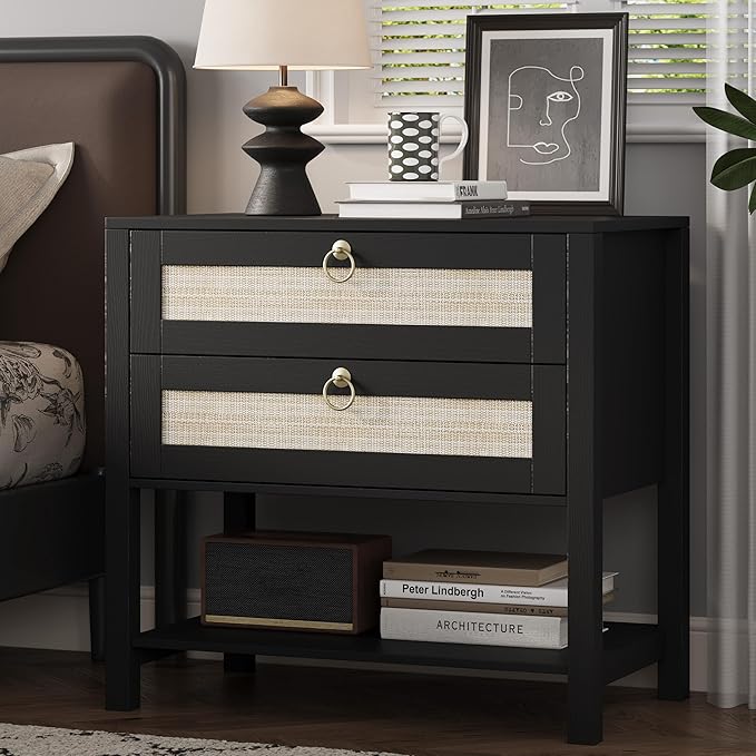 Xixini Nightstand wih 2 Drawers & Open Shelf, Small Mid Century Modern Night