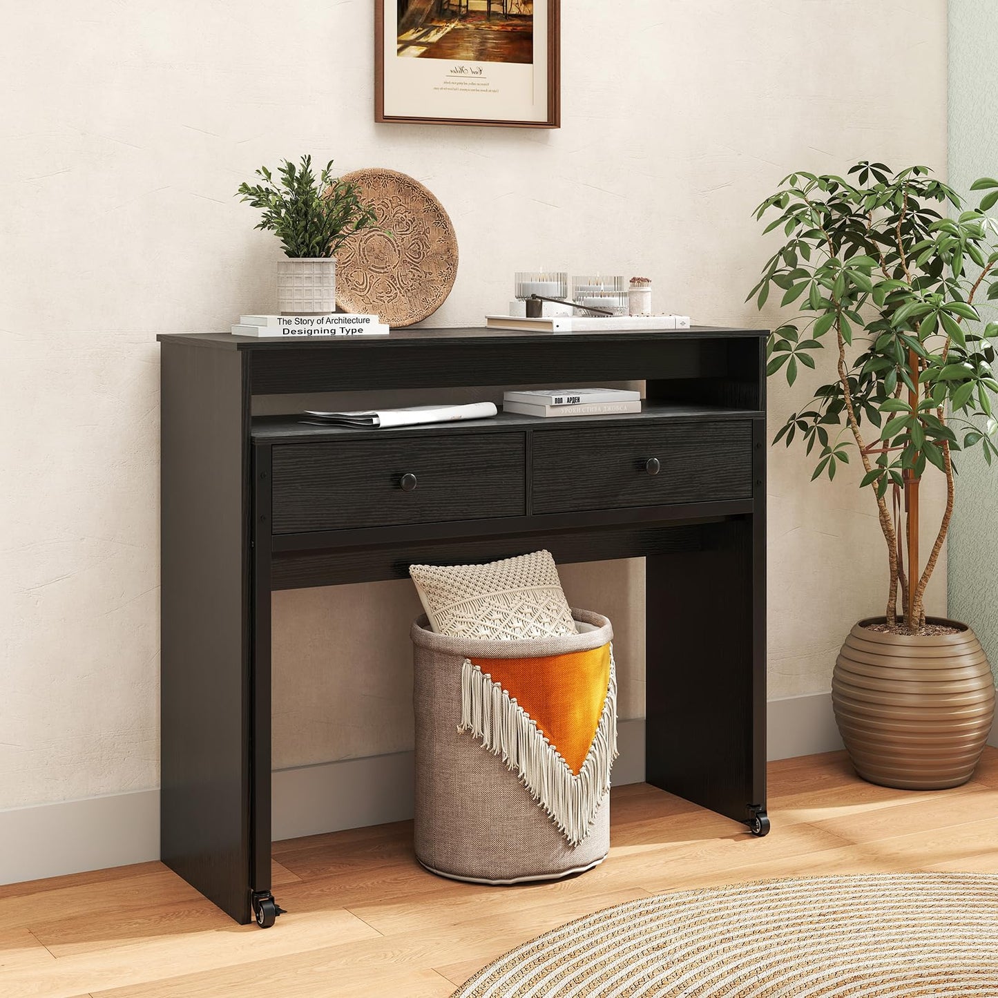 Giantex Small Computer Desk with Hutch & Drawers, Extendable Writing Desk w/Pull Out Secondary Table, Monitor Stand & Rolling Wheels, Console Table, Compact Desk for Small Spaces, Home Office (Black)