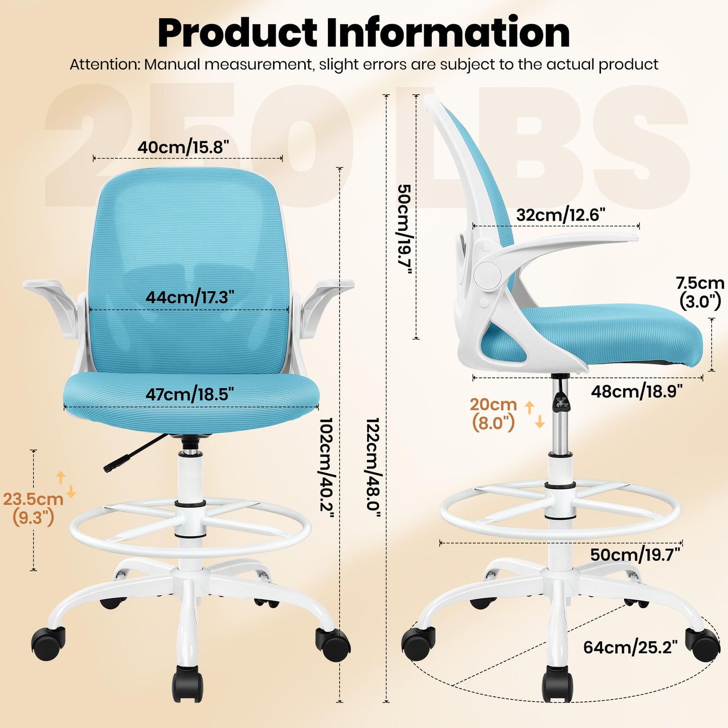 Primy Drafting Chair Tall Office Chair with Flip-up Armrests Executive Ergonomic Computer Standing Desk Chair with Lumbar Support and Adjustable Footrest Ring（Blue）