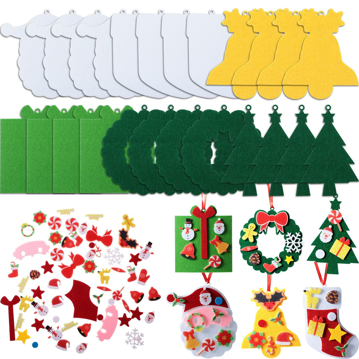 Tatuo 24 Kits Christmas Felt Ornament Crafts DIY Tree Gifts Garlands Bells Santa Socks Hanging Ornaments Christmas Sticker for Home Door Wall Hanging Tree Craft Decorations