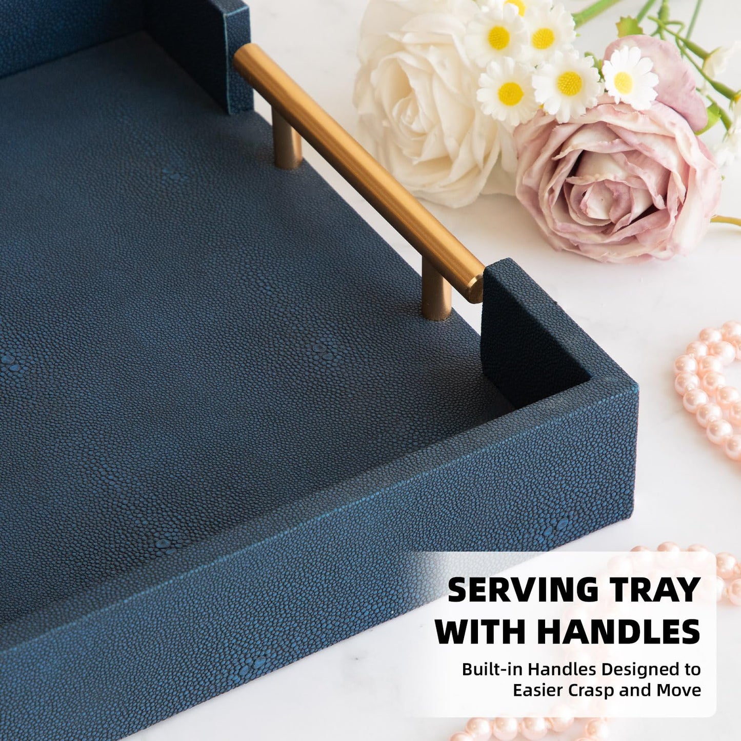 UPPER DECOR Modern Decorative Tray Set of 2, Blue Shagreen Leather Tray, Rectangle Serving Trays with Gold Polished Metal Handles, Ottoman Trays Coffee Table Perfume Kitchen Home Decor