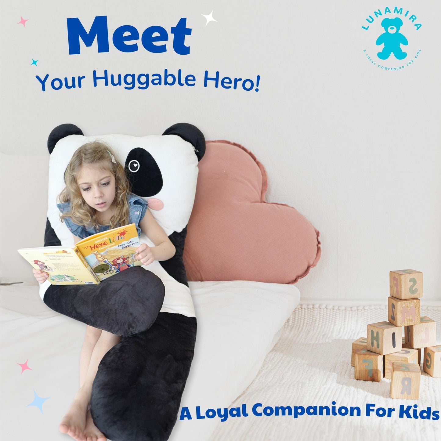 LUNAMIRA Panda Kids Body Pillow - 47" U-Shape Long Plush Soft Animal Pillow for Kids, Sleeping, Reading, ADHD & Special Needs Comfort, Anxiety, Washable Cover, Snuggle Fun Cuddle Gift for Boys & Girls