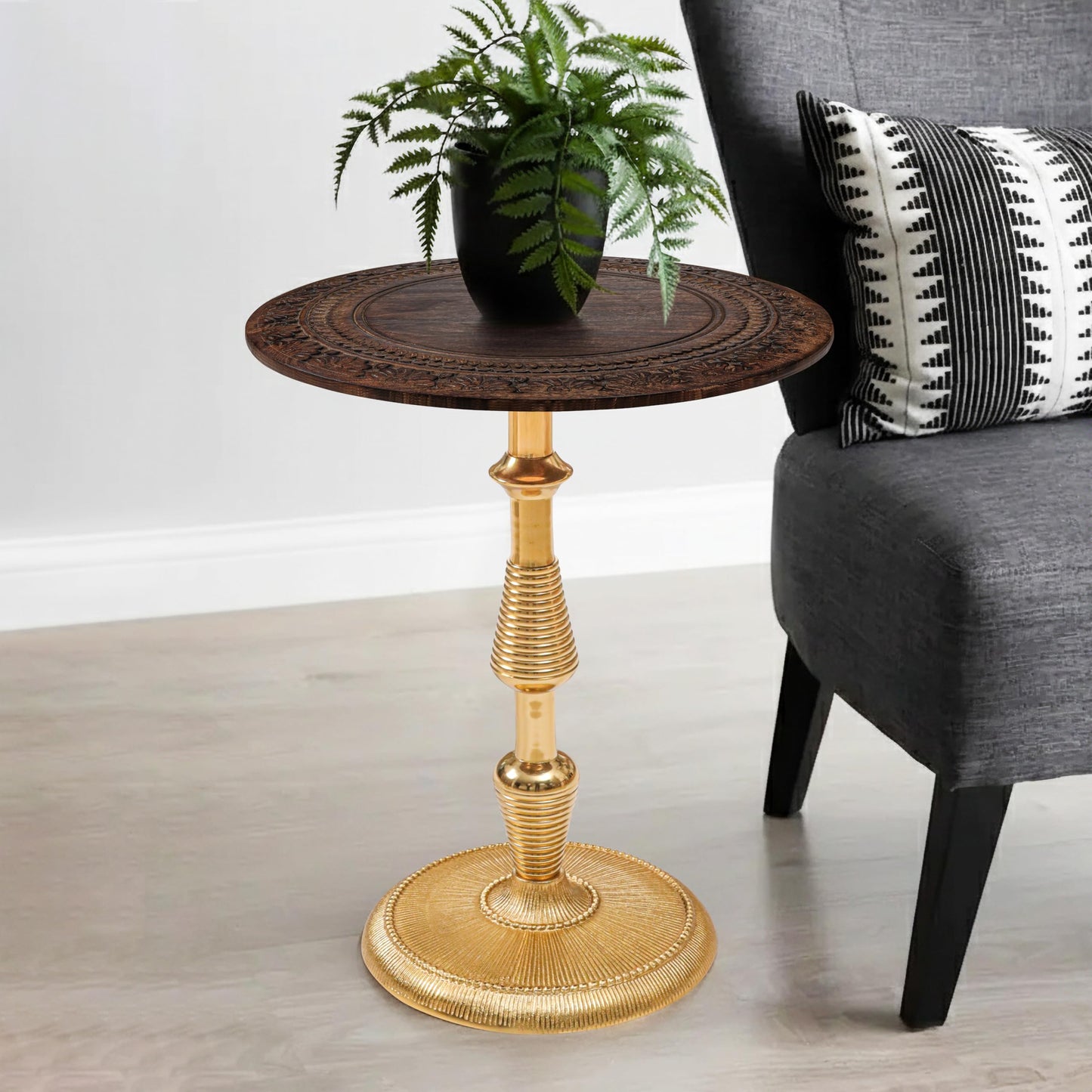 Alpha Living Home Rustic Wooden Top Side Table - Round Side Table, Modern Accent Nightstand with Aluminum Leg for Living Room, Bedroom, Corners, and Office 18x21 (Brown Gold)