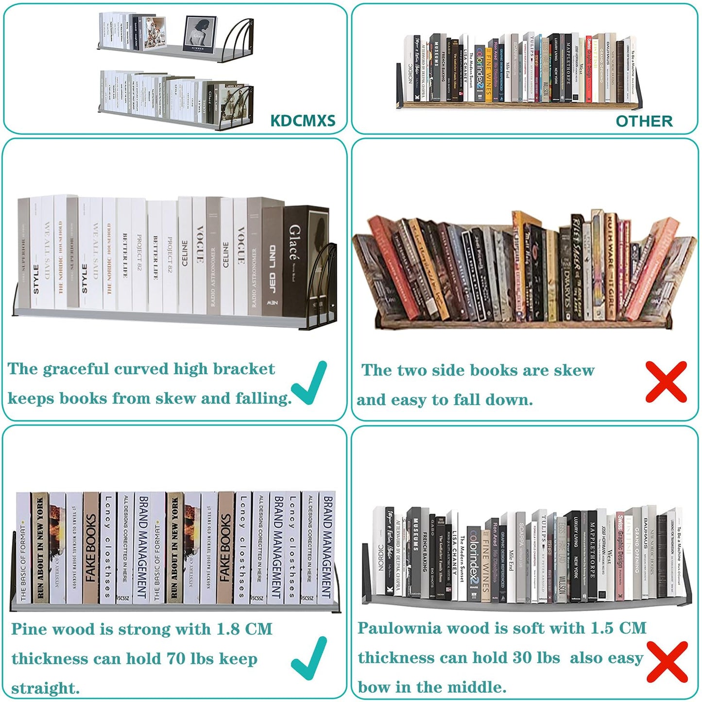 KDCMXS Pine Wood 23.57.87 Inch Floating Bookshelf - Elegant Grey Shelves, Wall Mounted - Set of 2