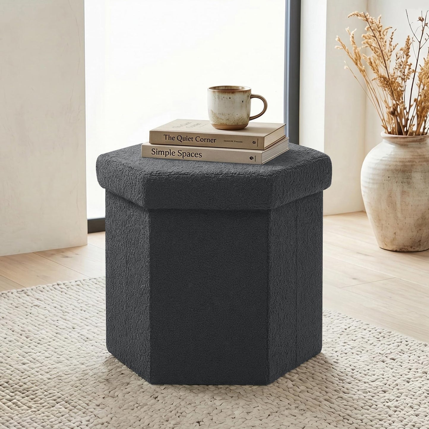 ZOLANOful Hexagon Storage Ottoman, Foldable Boucle Footrest with Hidden Storage, Upholstered Ottoman Footstool for Living Room, Bedroom, Dorm, Entryway, 15 x 16.9 x 15 Inches, Darkgrey