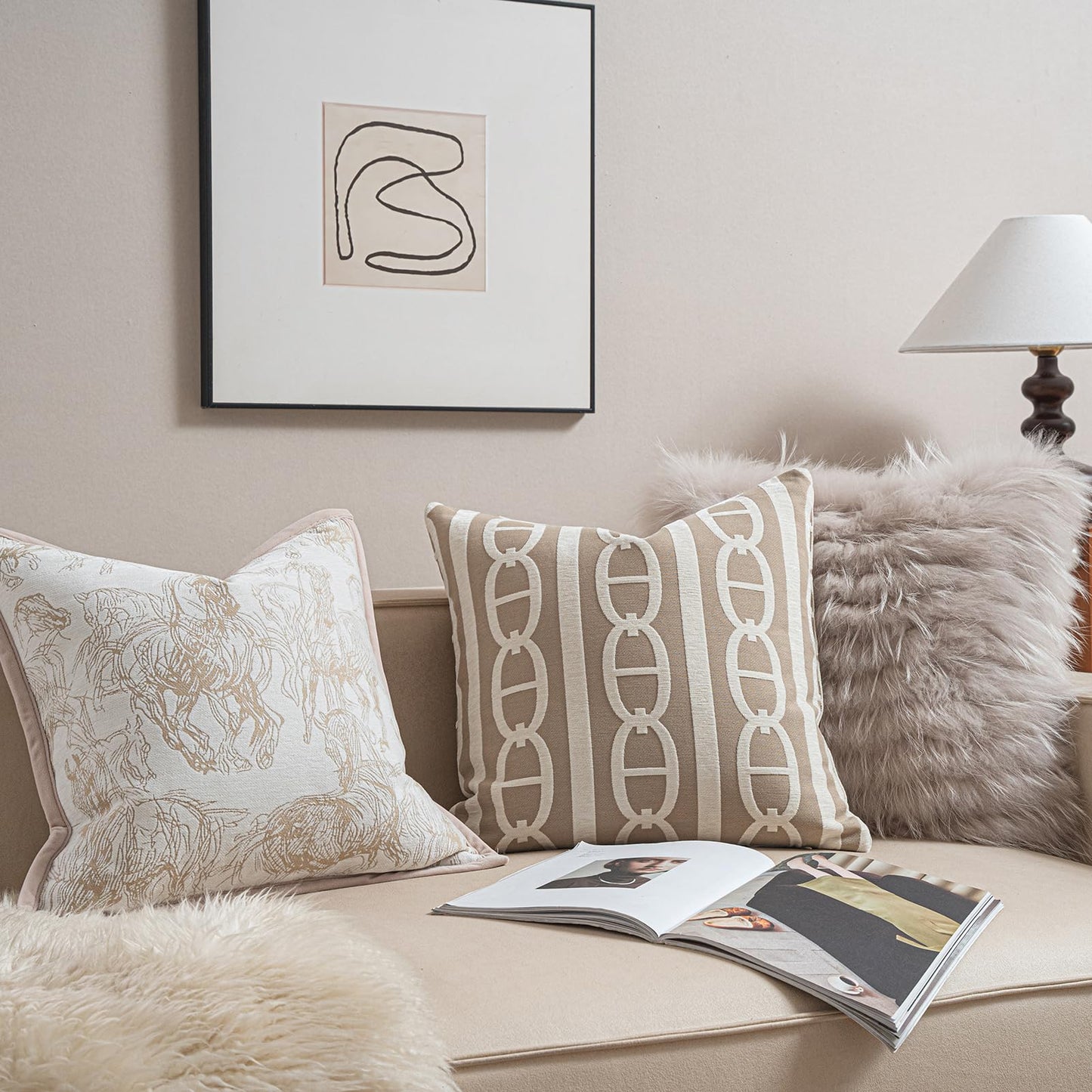 Croker Horse New 20x20'' inches Throw Pillow Cushion Covers - Pignose Horseshoe Beige Color Chenille Jacquard Embroidery Luxury Modern Style Couch Sofa Bed Pillow Cover for Living Room Bedroom