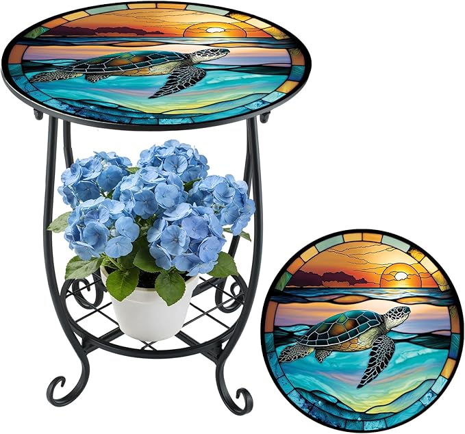 Cinnvoice Outdoor Side Table Round Small Mosaic Patio Accent Indoor End Plant