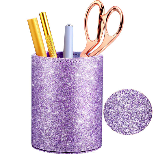 Outus PU Glitter Pen Holder Pencil Cup Shiny for Women Girls, Luxury Makeup Brush Holder Pu Leather Organizer Cup Gift for Desk Office Classroom Home (Purple)