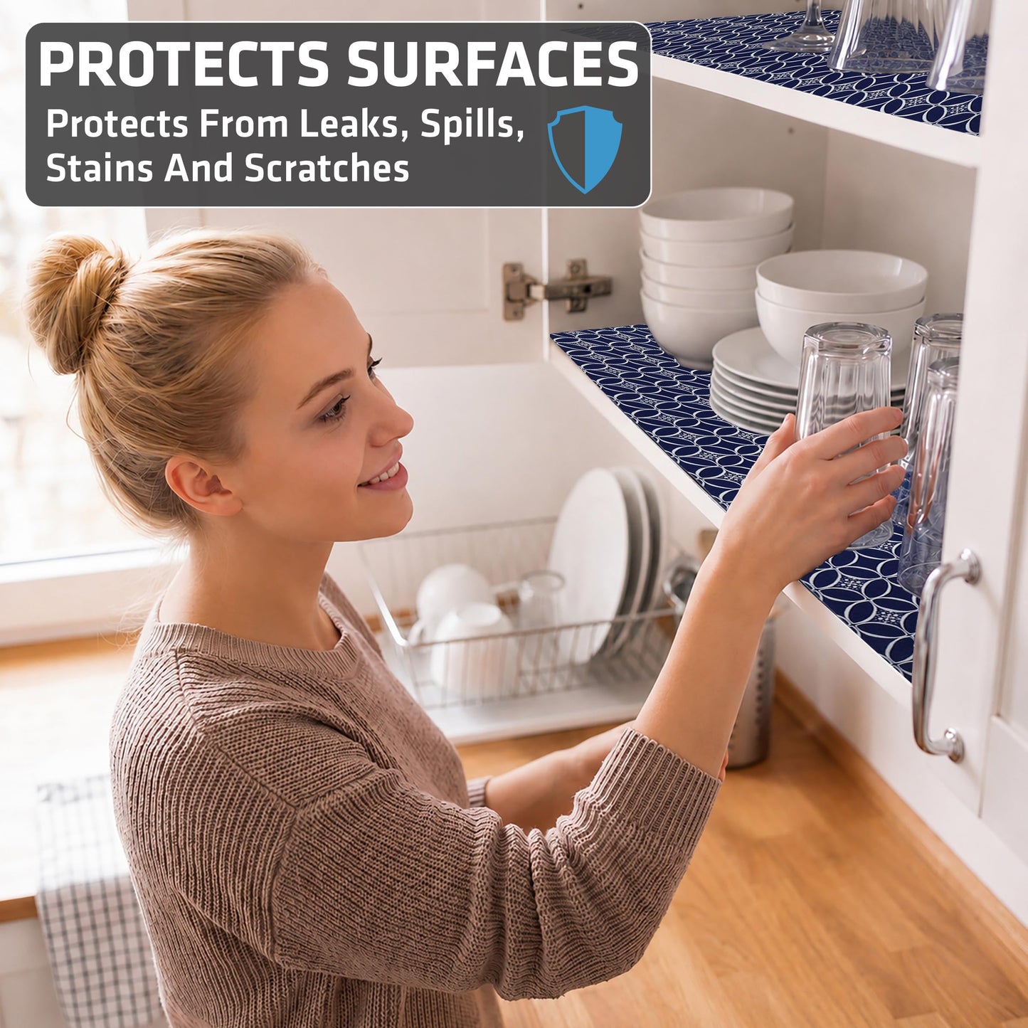 Drymate Premium Luxury Shelf & Drawer Liner, Thick Cushioned Fabric, Non-Adhesive, Absorbent, Waterproof, Slip-Resistant, Liners for Kitchen Cabinets, Cupboards (USA Made)(12”x59”)(2-Pack)(Indigo)